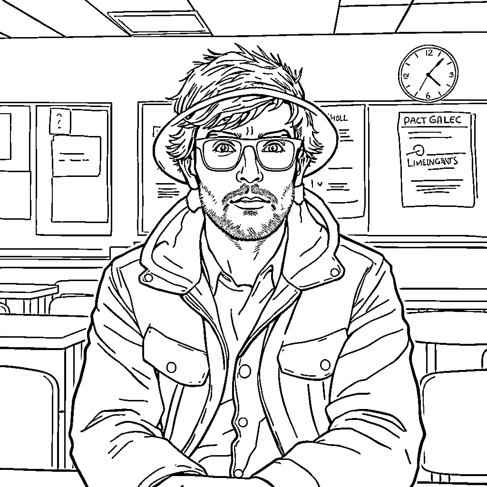 Liam Gallagher in an office setting with paperwork Coloring Page (free black-and-white line drawing printable PDF for all, from beginners to advanced learners, including children, teens, adults, and seniors)