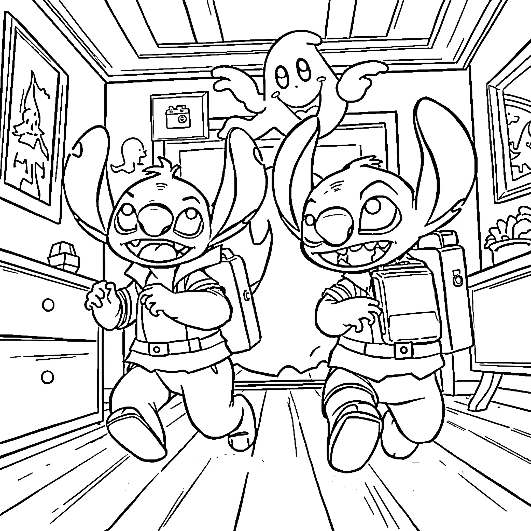 Lilo And Stitch's Mischievous Adventure Coloring Page (free black-and-white line drawing printable PDF for all, from beginners to advanced learners, including children, teens, adults, and seniors)
