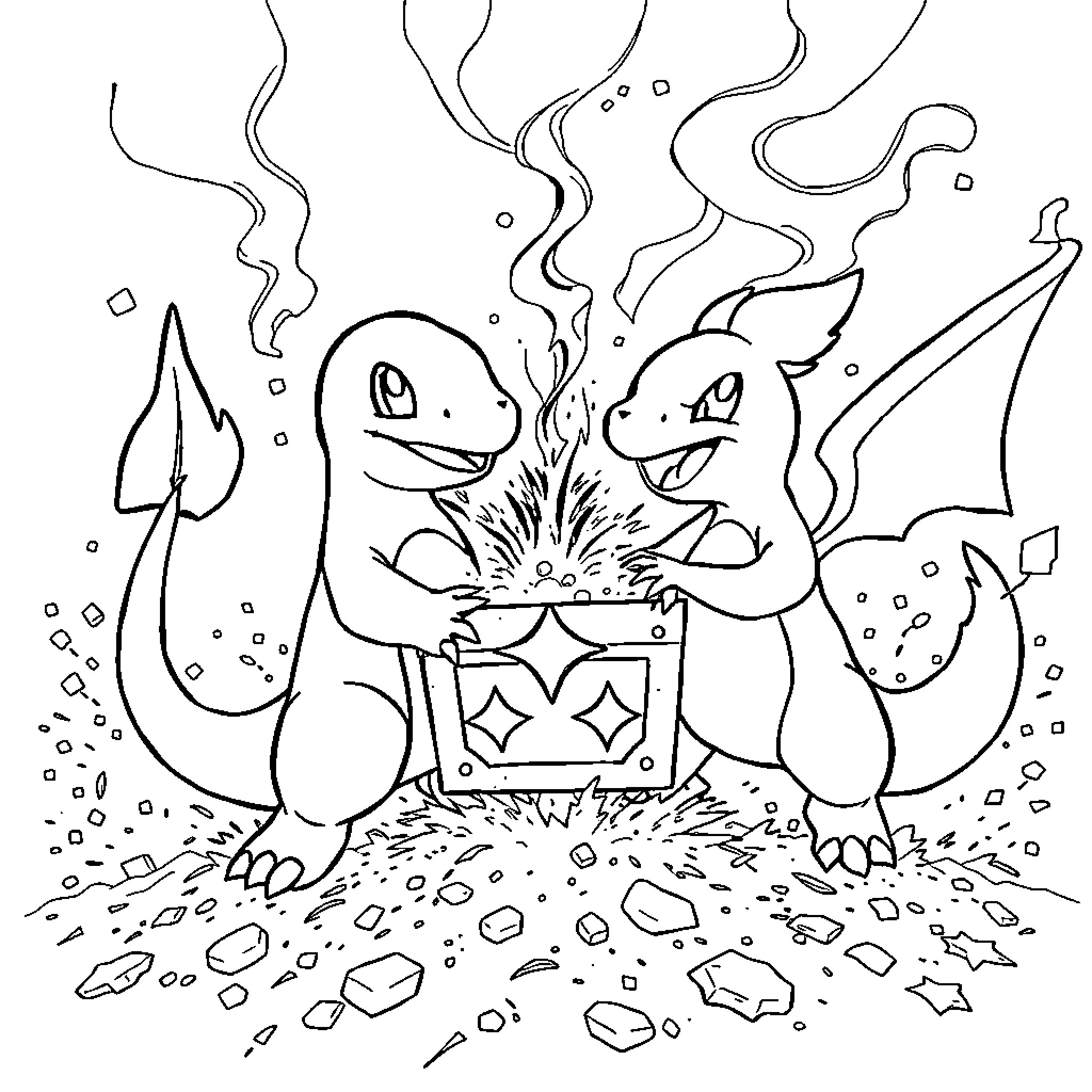 Charmander and Charizard exploring a magical cave Coloring Page (free black-and-white line drawing printable PDF for all, from beginners to advanced learners, including children, teens, adults, and seniors)