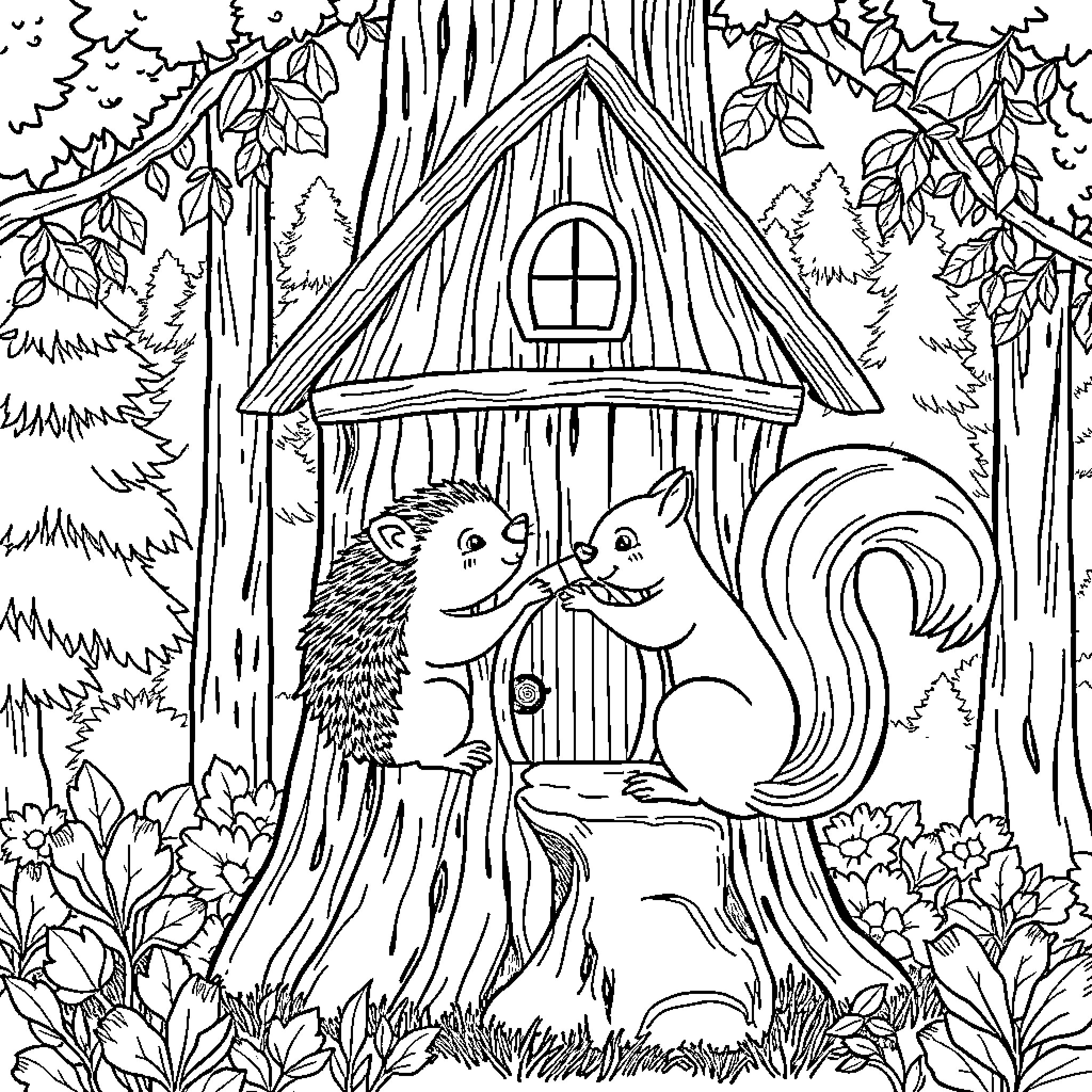 Hedgehog and Squirrel sharing a cozy forest hideaway Coloring Page (free black-and-white line drawing printable PDF for all, from beginners to advanced learners, including children, teens, adults, and seniors)