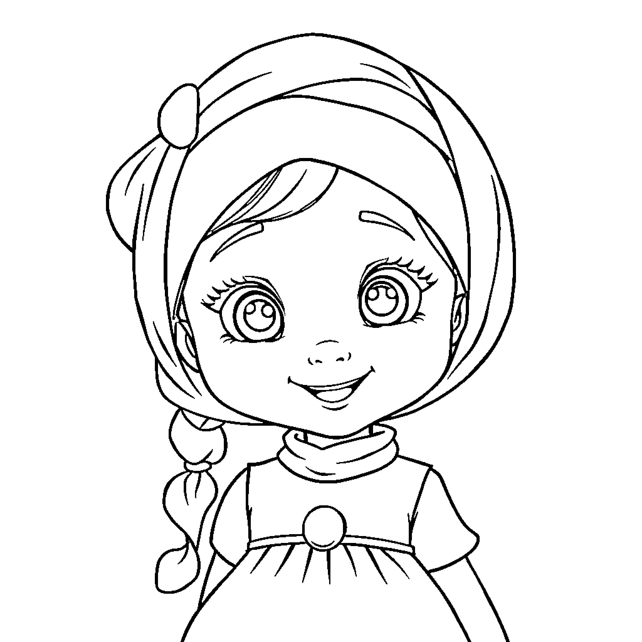 Masha's Joyful Expressions and Outfit Coloring Page (free black-and-white line drawing printable PDF for all, from beginners to advanced learners, including children, teens, adults, and seniors)