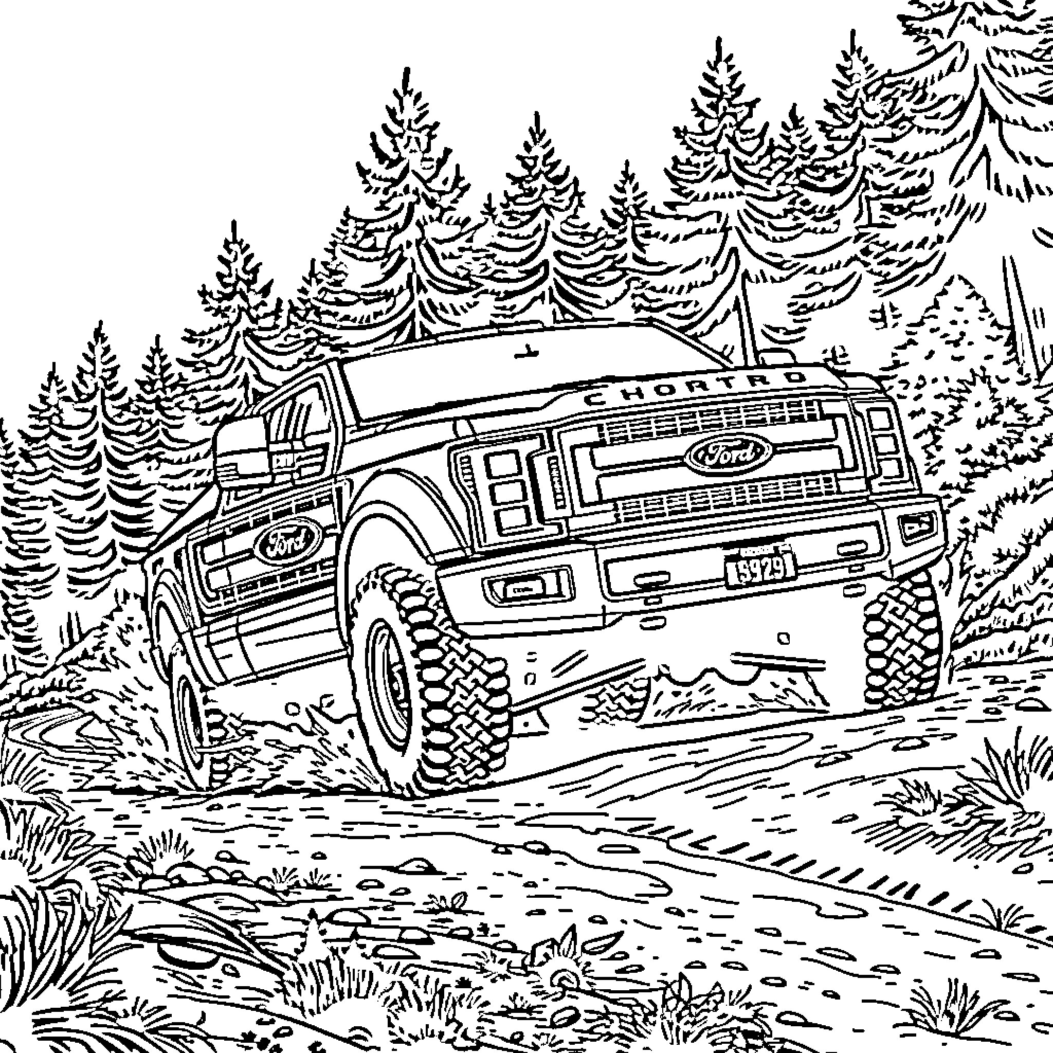 Truck traversing rugged terrain in the wilderness Coloring Page (free black-and-white line drawing printable PDF for all, from beginners to advanced learners, including children, teens, adults, and seniors)