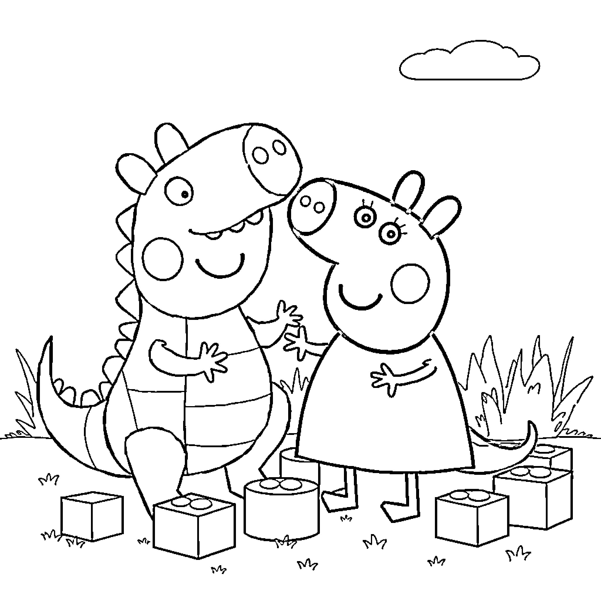 Dinosaur friends playing with blocks Coloring Page (free black-and-white line drawing printable PDF for all, from beginners to advanced learners, including children, teens, adults, and seniors)