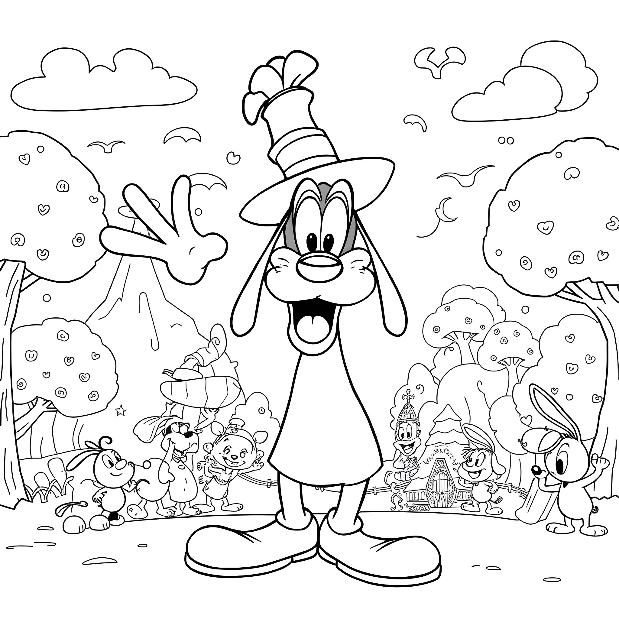 Goofy cartoon characters exploring the whimsical fantasy world Coloring Page (free black-and-white line drawing printable PDF for all, from beginners to advanced learners, including children, teens, adults, and seniors)