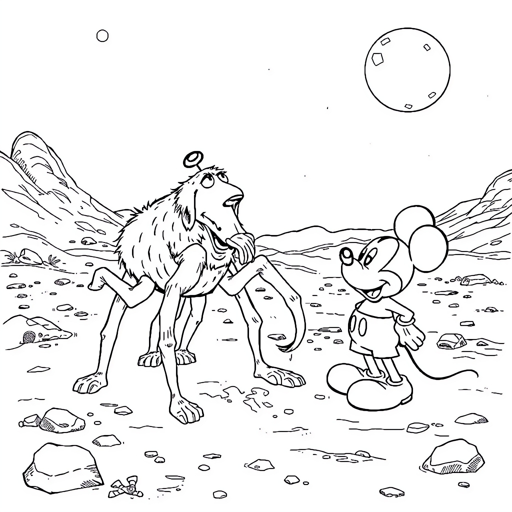 Dog and Mouse Exploring Alien Landscape Coloring Page (free black-and-white line drawing printable PDF for all, from beginners to advanced learners, including children, teens, adults, and seniors)