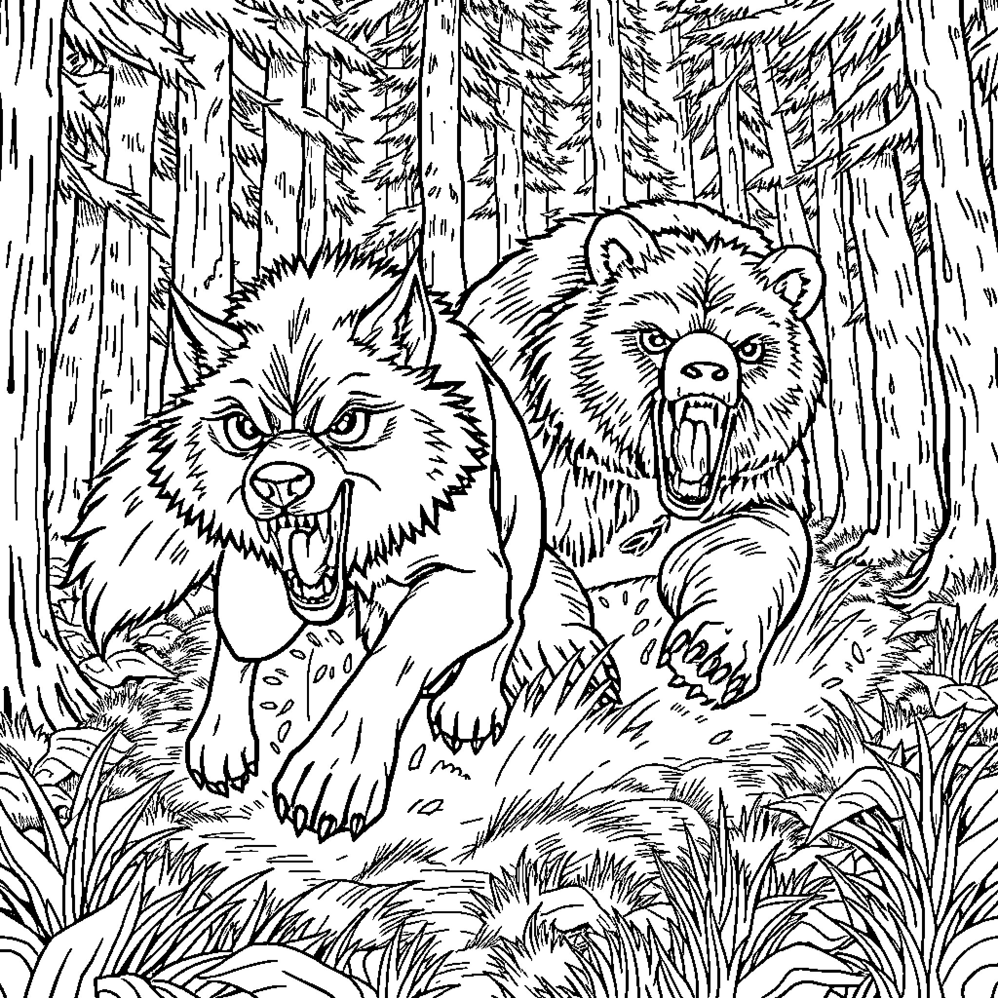 Wolf Pair Growling in the Forest Coloring Page (free black-and-white line drawing printable PDF for all, from beginners to advanced learners, including children, teens, adults, and seniors)