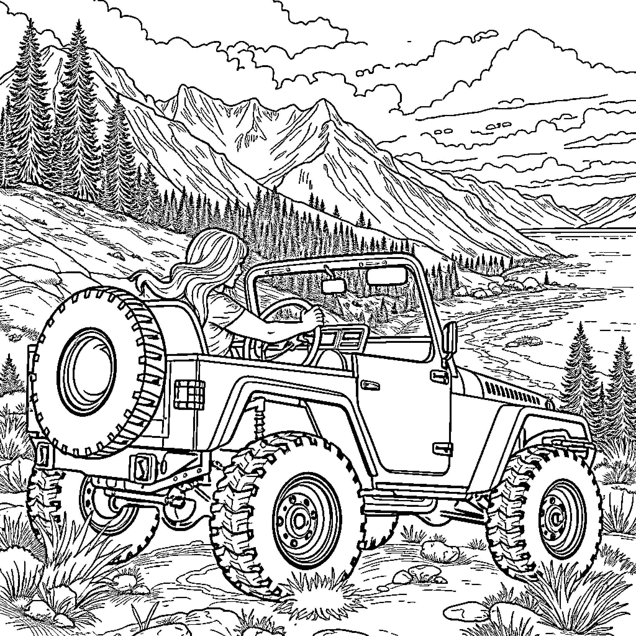 Person driving a rugged off-road vehicle in a mountainous landscape Coloring Page (free black-and-white line drawing printable PDF for all, from beginners to advanced learners, including children, teens, adults, and seniors)