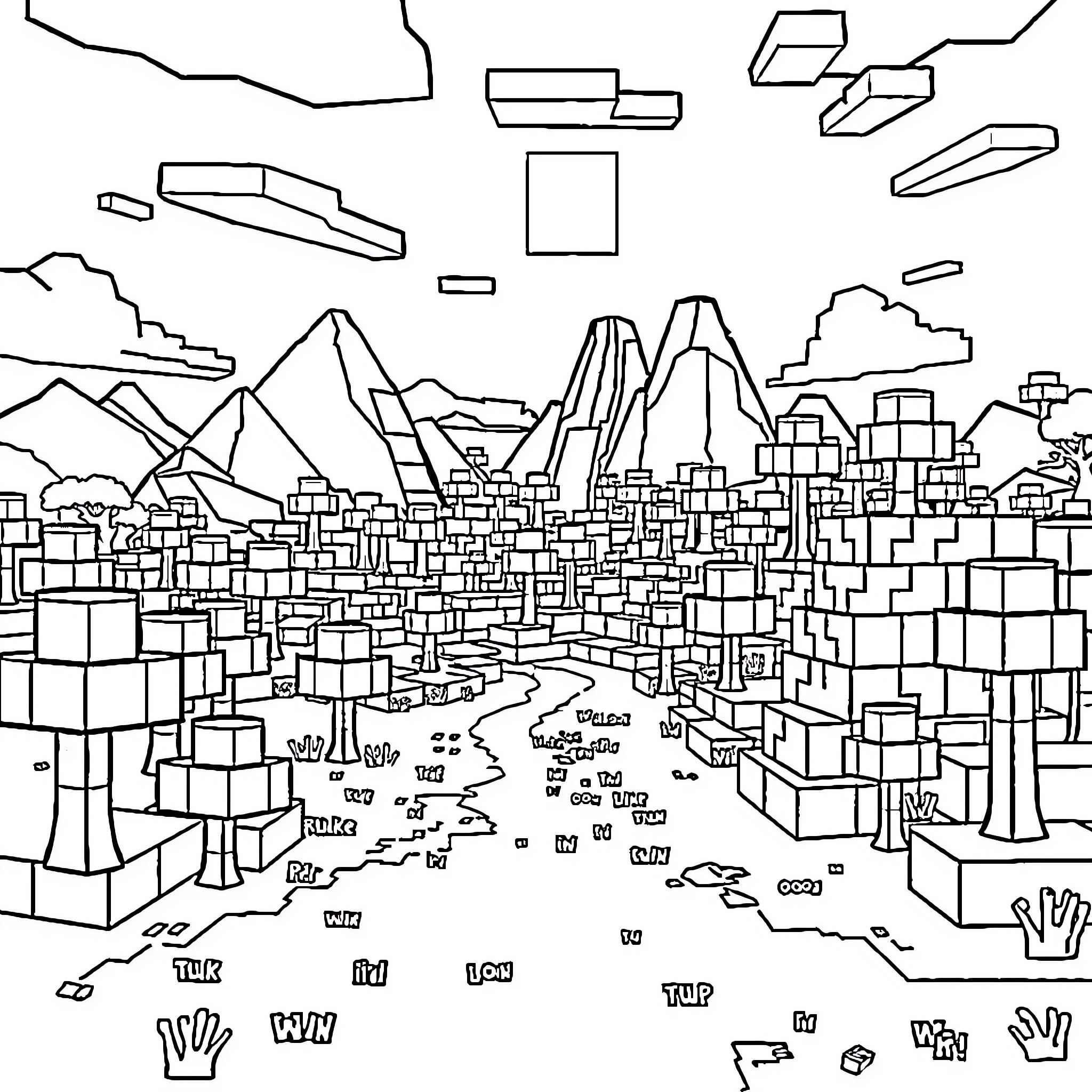 Minecraft Cityscape with Towering Mountains and Structures Coloring Page (free black-and-white line drawing printable PDF for all, from beginners to advanced learners, including children, teens, adults, and seniors)