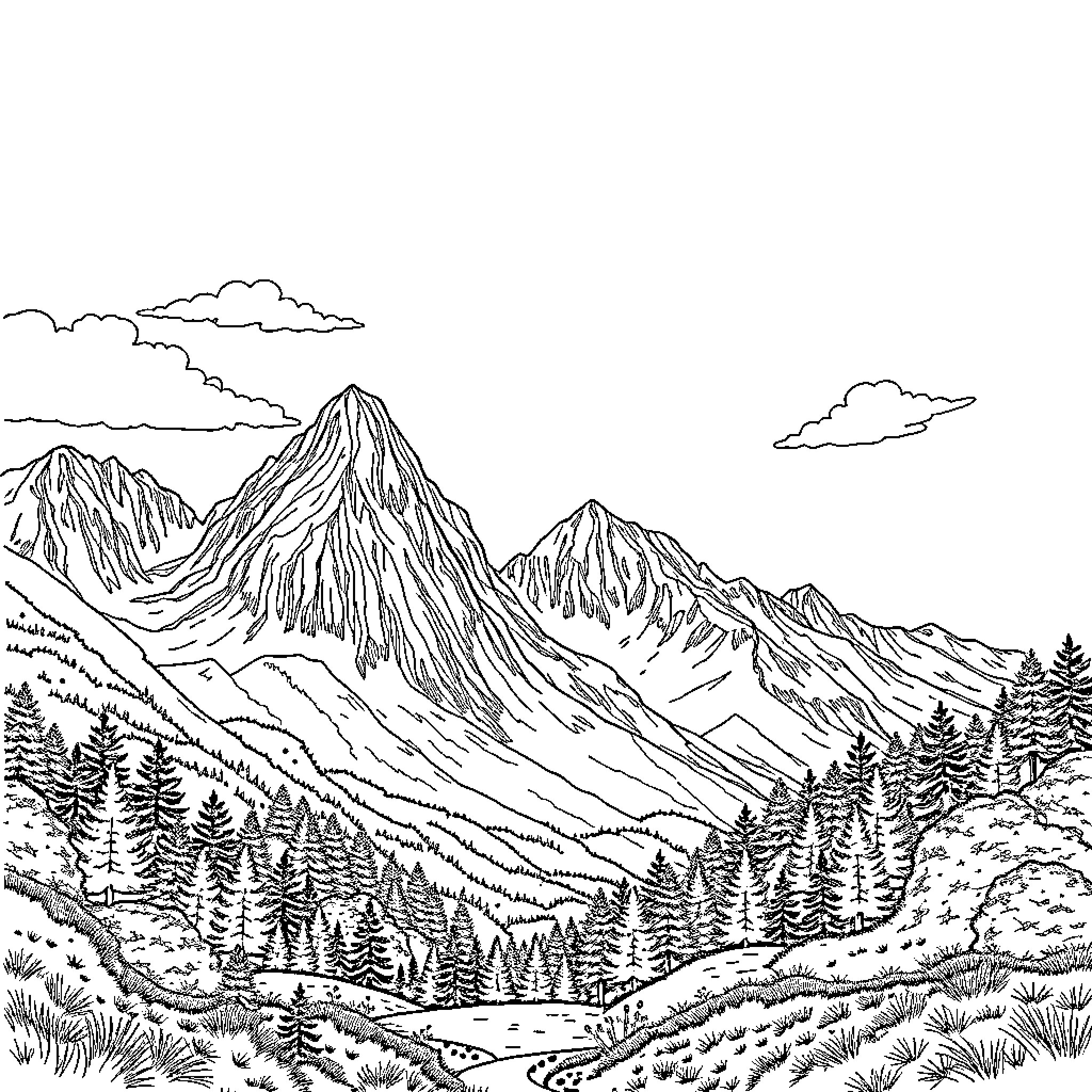 Landscape with Majestic Mountain Peaks Coloring Page (free black-and-white line drawing printable PDF for all, from beginners to advanced learners, including children, teens, adults, and seniors)