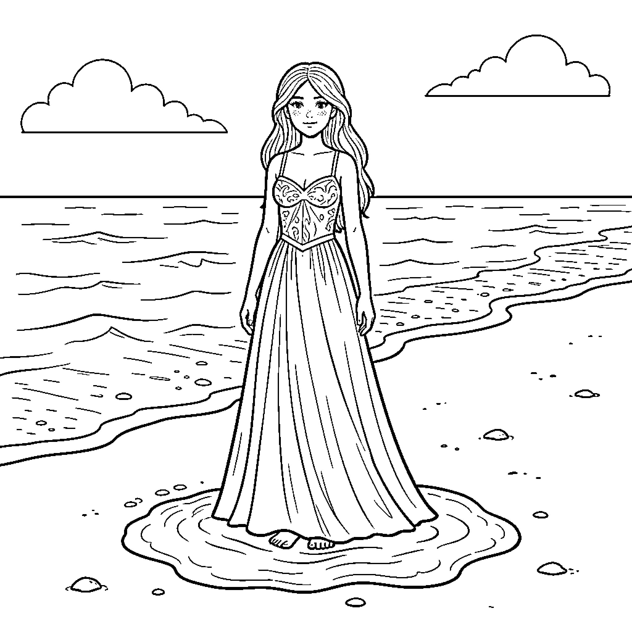 Ondine standing gracefully on a beach by the sea Coloring Page (free black-and-white line drawing printable PDF for all, from beginners to advanced learners, including children, teens, adults, and seniors)