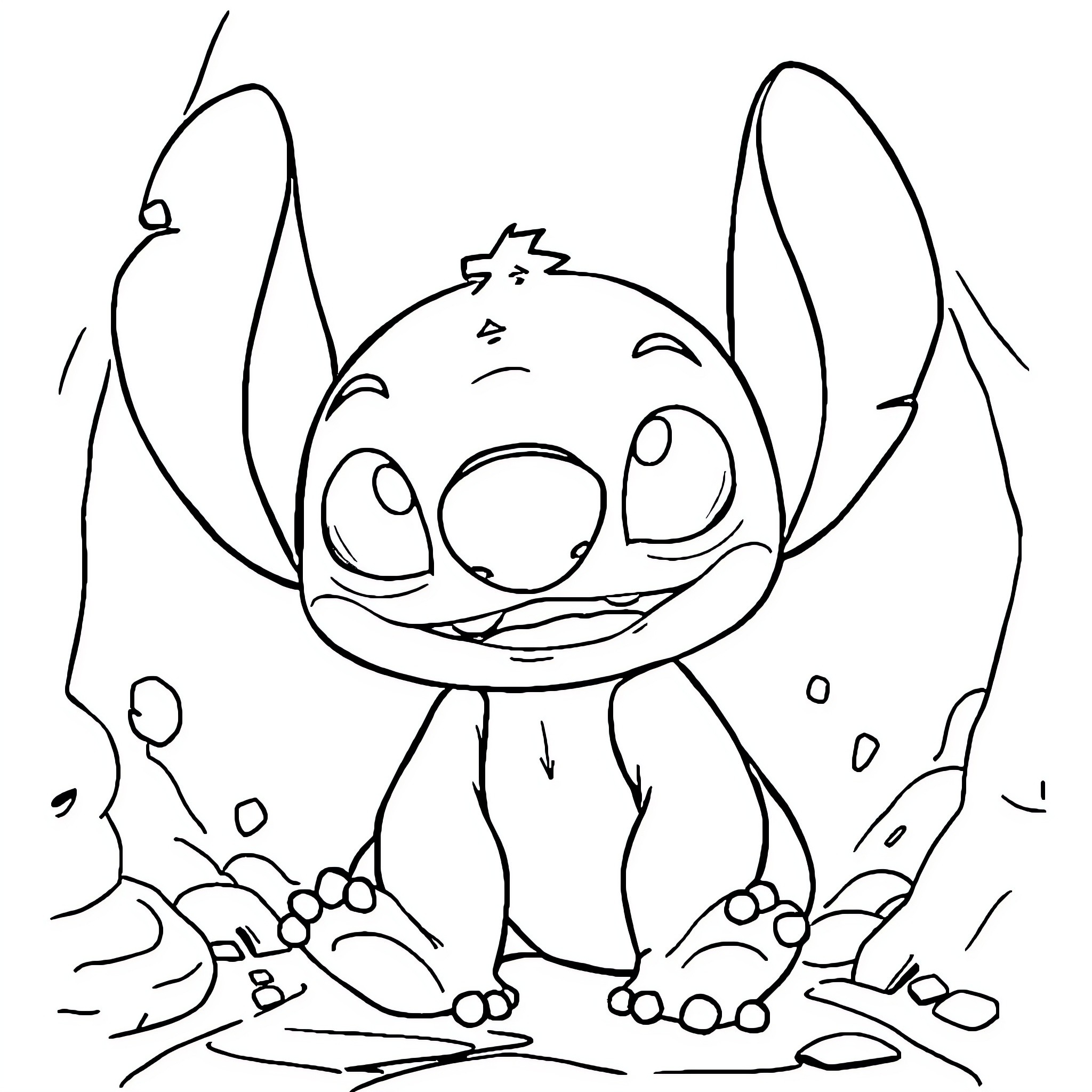 Stitch playing in the forest Coloring Page (free black-and-white line drawing printable PDF for all, from beginners to advanced learners, including children, teens, adults, and seniors)