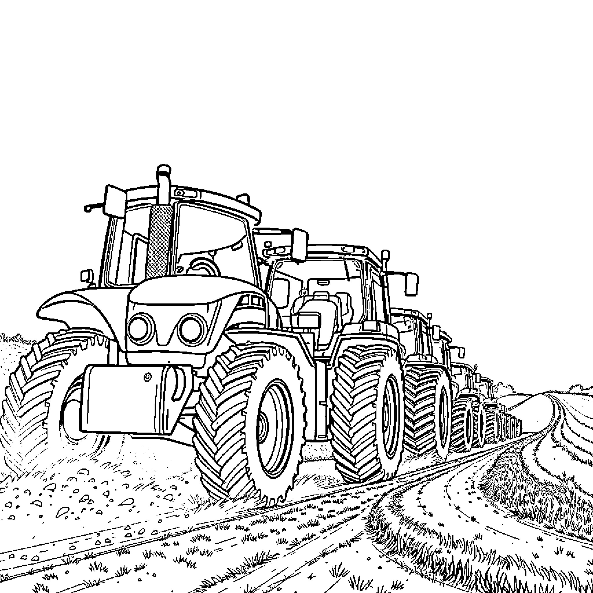 Tractor plowing through field on rural road Coloring Page (free black-and-white line drawing printable PDF for all, from beginners to advanced learners, including children, teens, adults, and seniors)