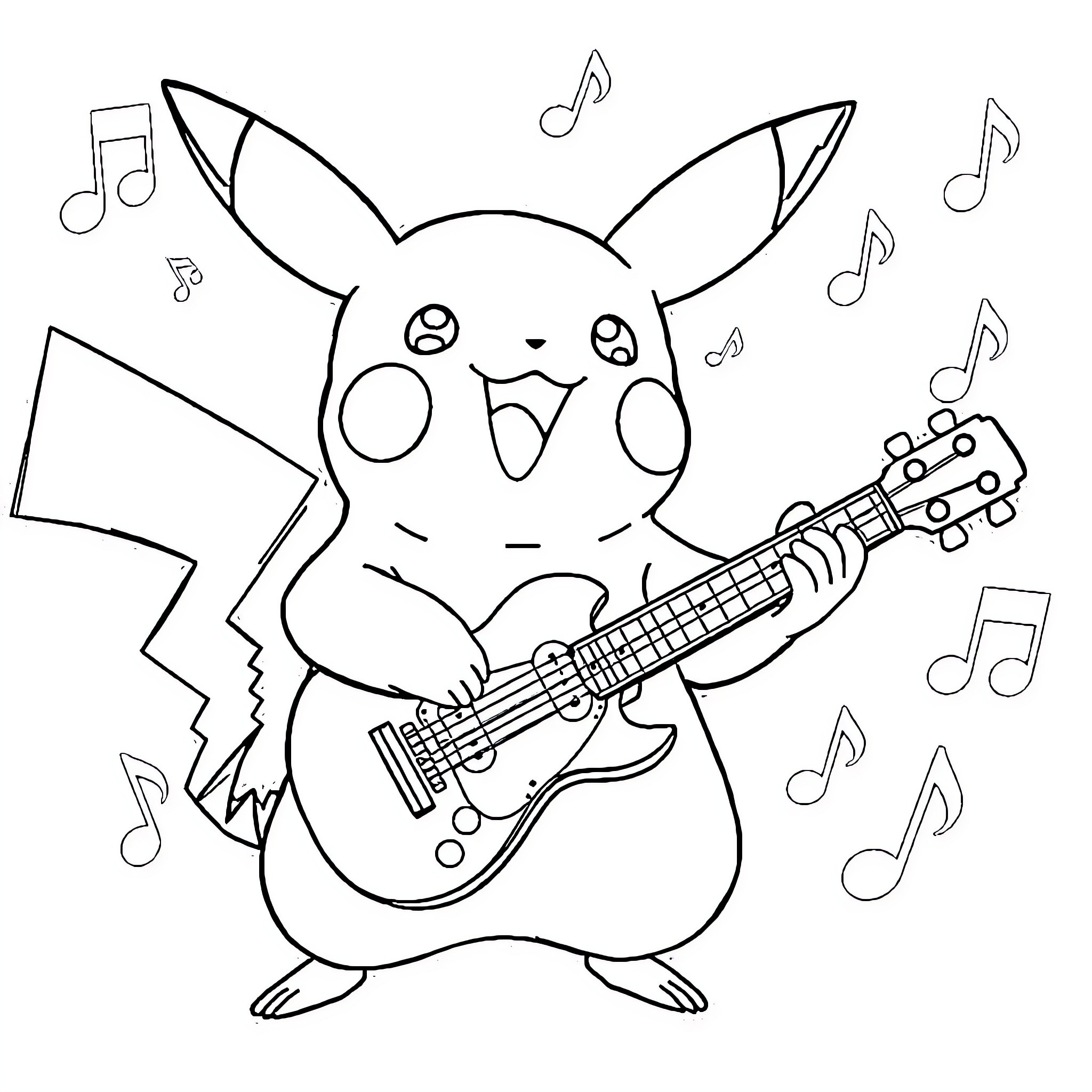 Pikachu playing music with guitar Coloring Page (free black-and-white line drawing printable PDF for all, from beginners to advanced learners, including children, teens, adults, and seniors)