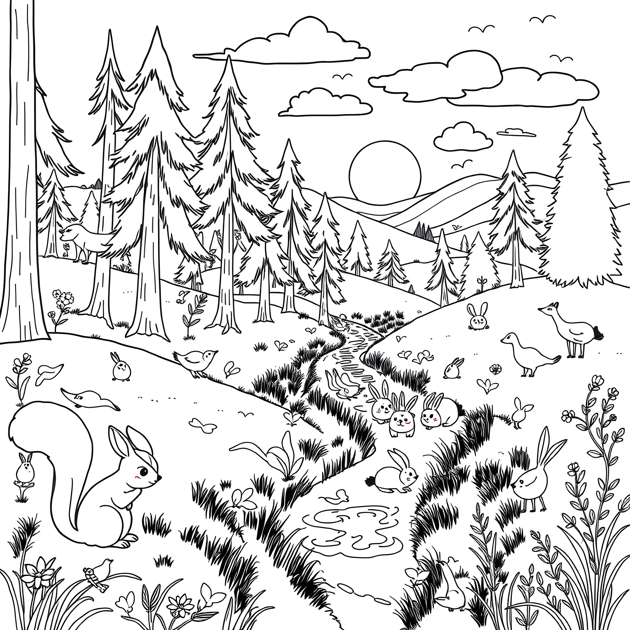 Nature's Enchanting Woodland Wonderland Coloring Page (free black-and-white line drawing printable PDF for all, from beginners to advanced learners, including children, teens, adults, and seniors)
