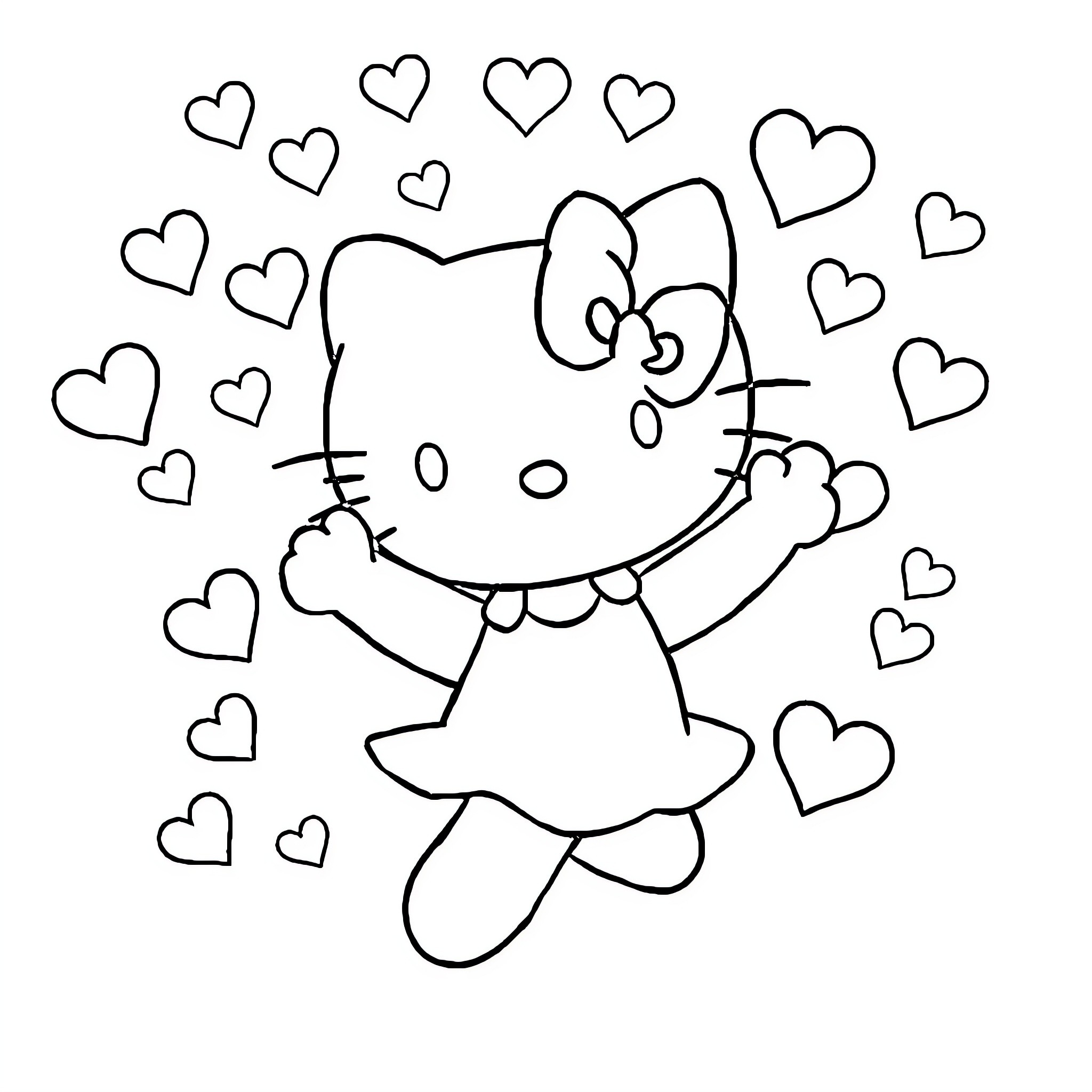 Hello Kitty surrounded by loving hearts Coloring Page (free black-and-white line drawing printable PDF for all, from beginners to advanced learners, including children, teens, adults, and seniors)