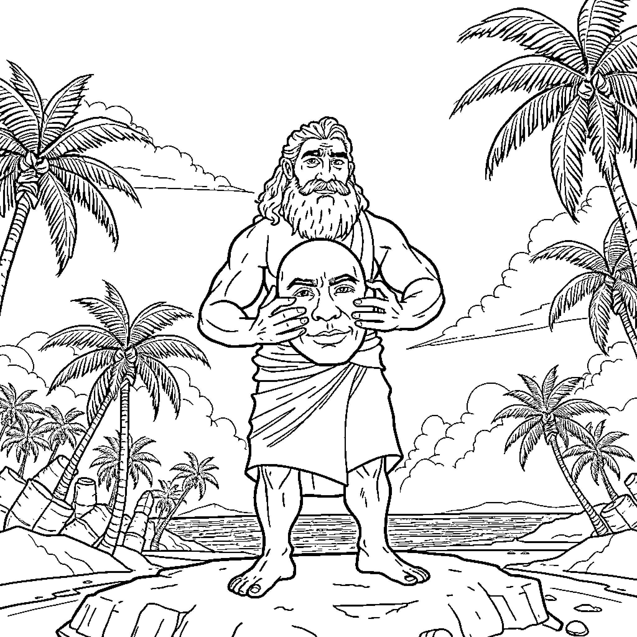 Aesop's Fables in a Tropical Island Setting Coloring Page (free black-and-white line drawing printable PDF for all, from beginners to advanced learners, including children, teens, adults, and seniors)