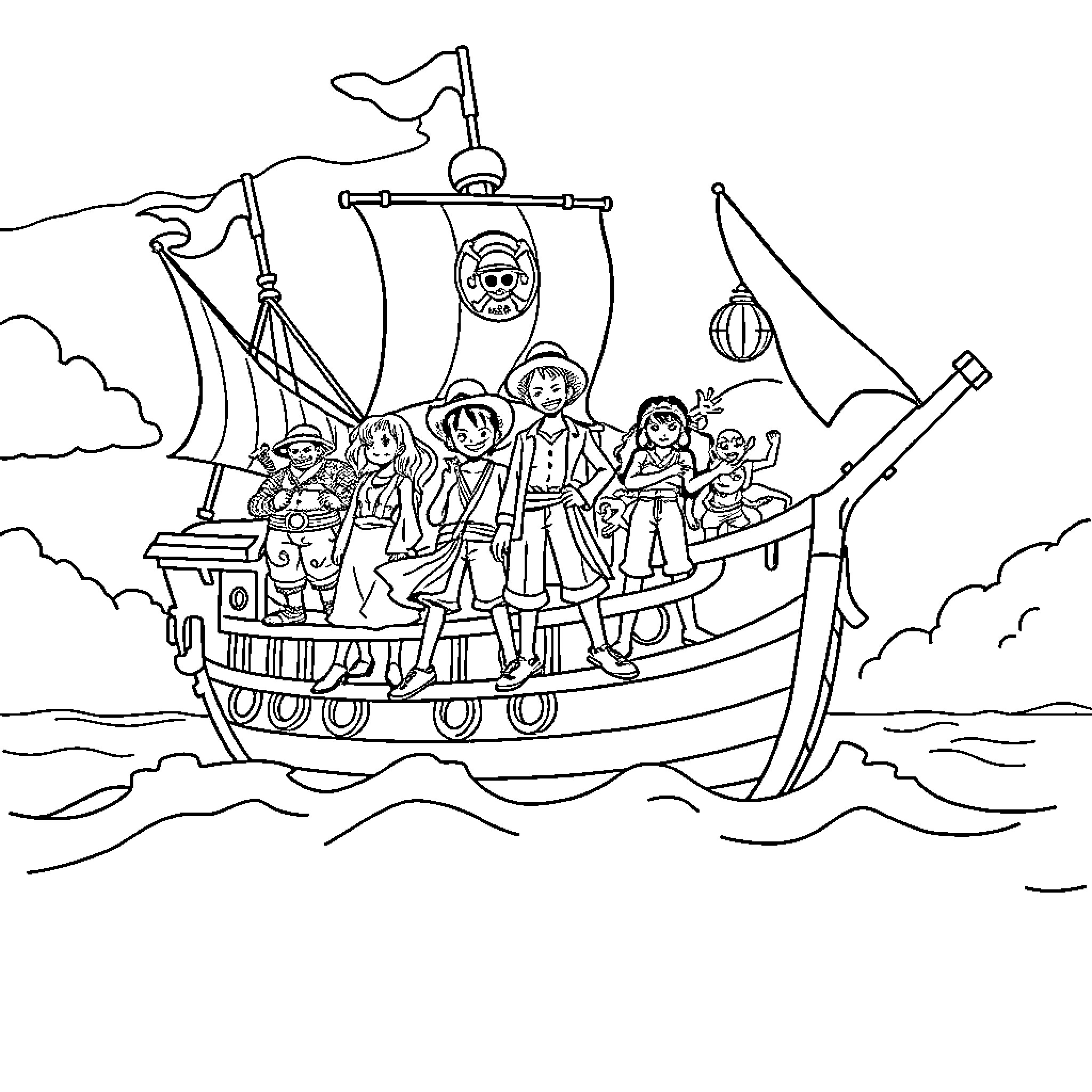 One Piece: Crew Sailing on the High Seas Coloring Page (free black-and-white line drawing printable PDF for all, from beginners to advanced learners, including children, teens, adults, and seniors)