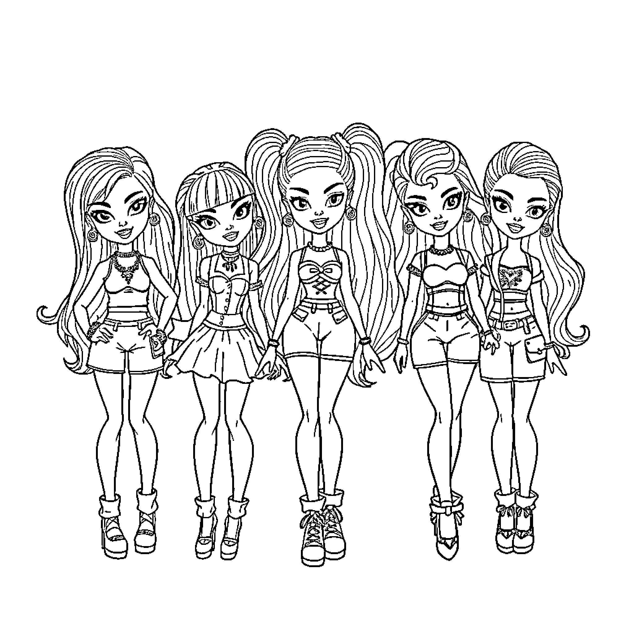 Bratz girls strike stylish poses Coloring Page (free black-and-white line drawing printable PDF for all, from beginners to advanced learners, including children, teens, adults, and seniors)
