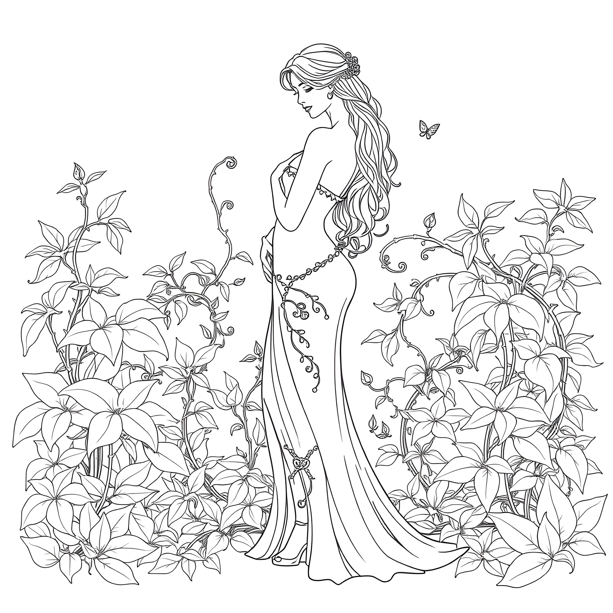 Lady in a Floral Garden Coloring Page (free black-and-white line drawing printable PDF for all, from beginners to advanced learners, including children, teens, adults, and seniors)