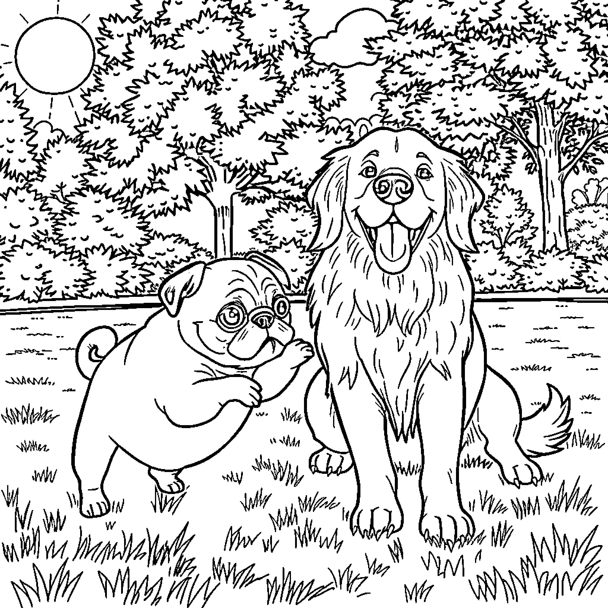 Pug and dog playing happily in the park Coloring Page (free black-and-white line drawing printable PDF for all, from beginners to advanced learners, including children, teens, adults, and seniors)