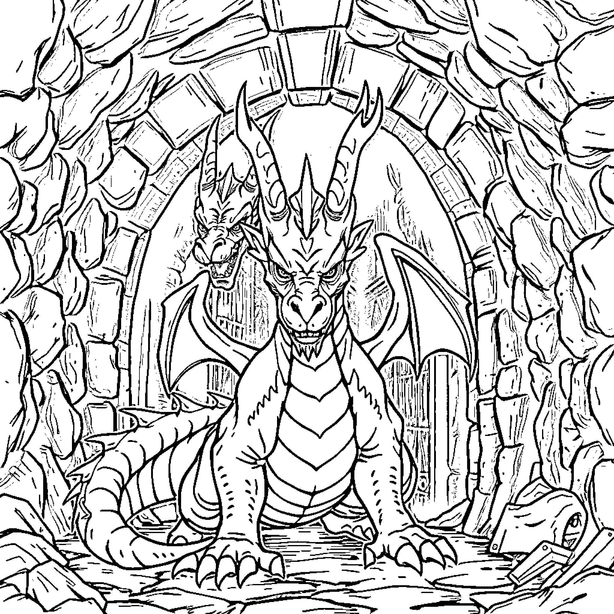Dragon emerging from the fiery cave Coloring Page (free black-and-white line drawing printable PDF for all, from beginners to advanced learners, including children, teens, adults, and seniors)
