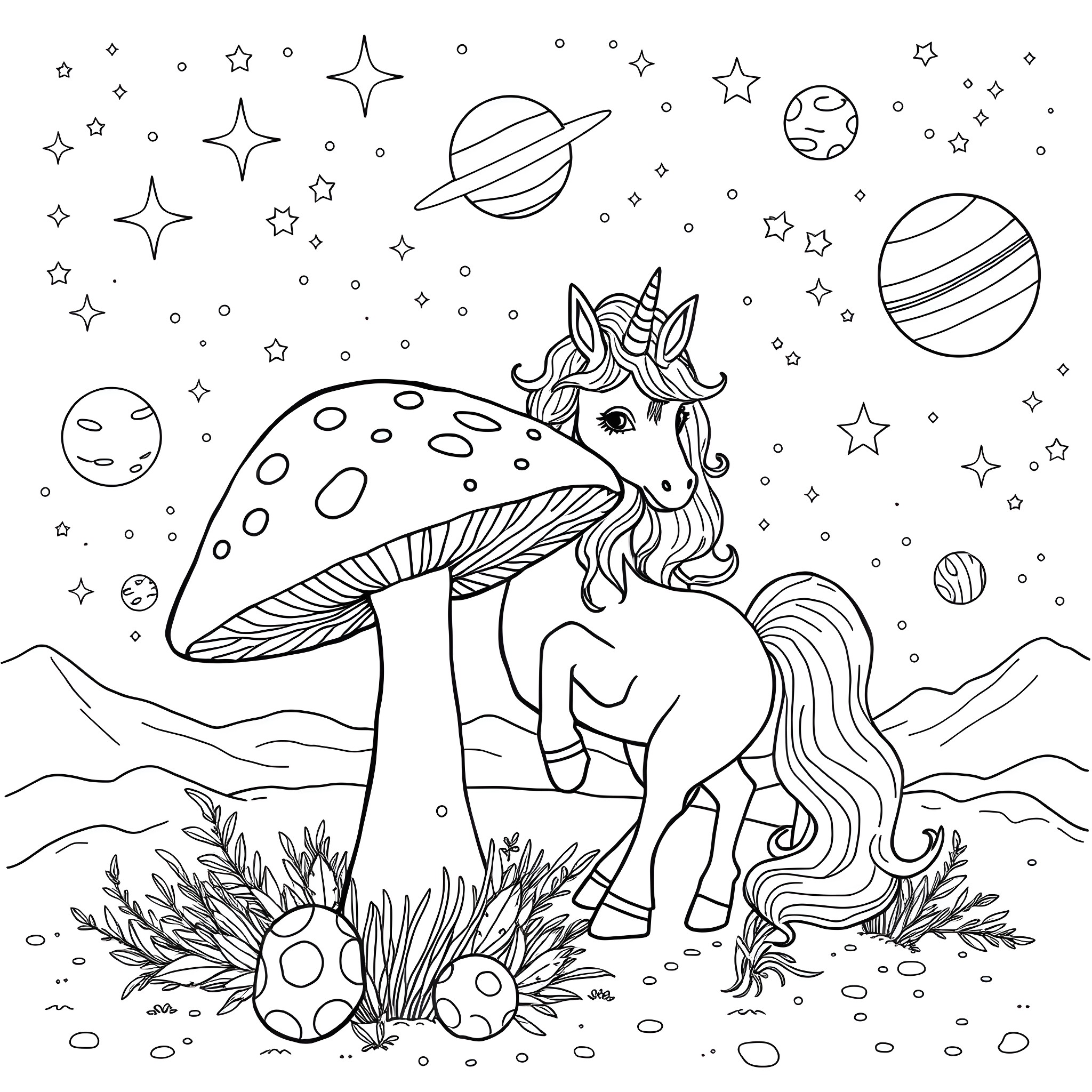 Unicorn Enchantment in Starry Cosmos Coloring Page (free black-and-white line drawing printable PDF for all, from beginners to advanced learners, including children, teens, adults, and seniors)