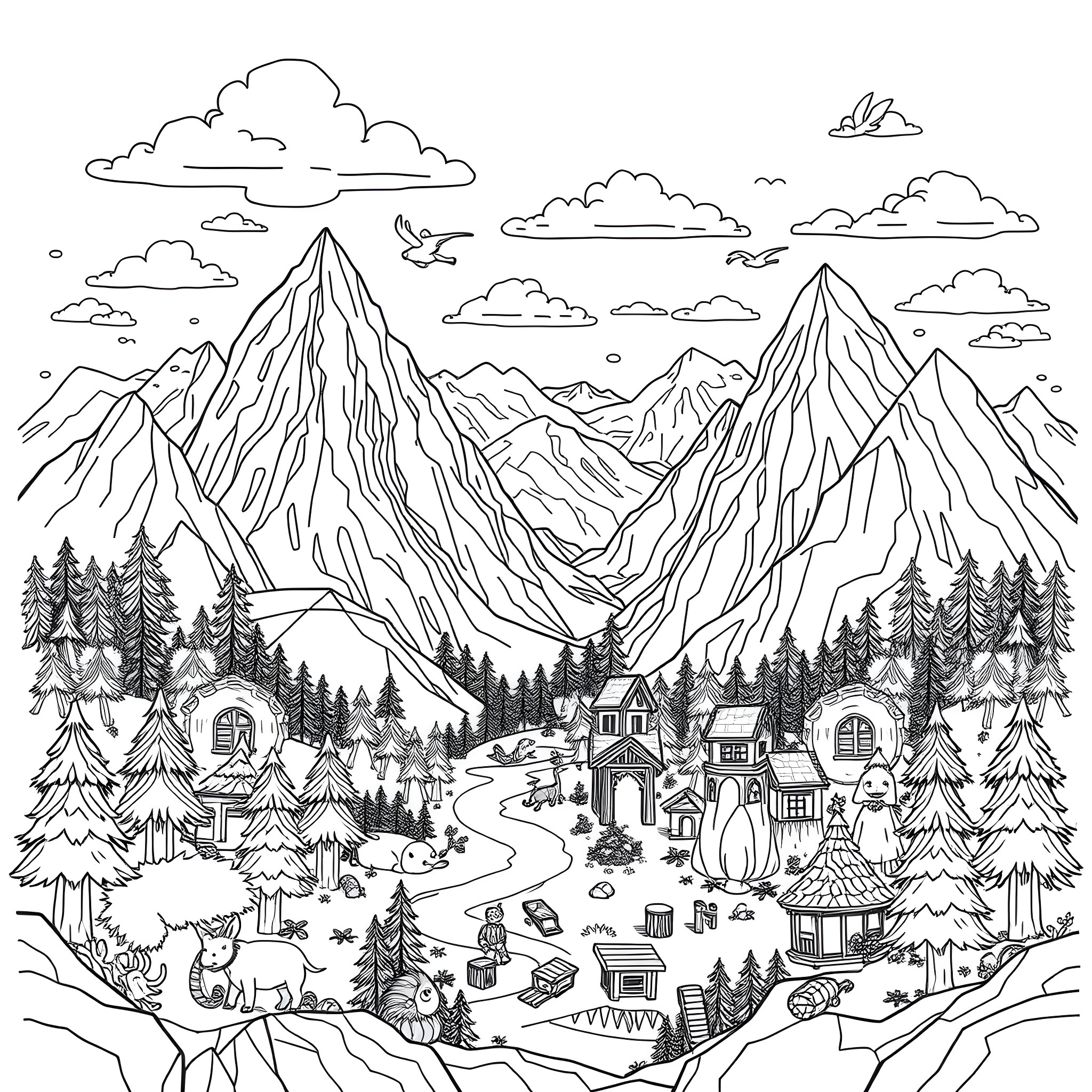 Minecraft mountain village in the wilderness Coloring Page (free black-and-white line drawing printable PDF for all, from beginners to advanced learners, including children, teens, adults, and seniors)