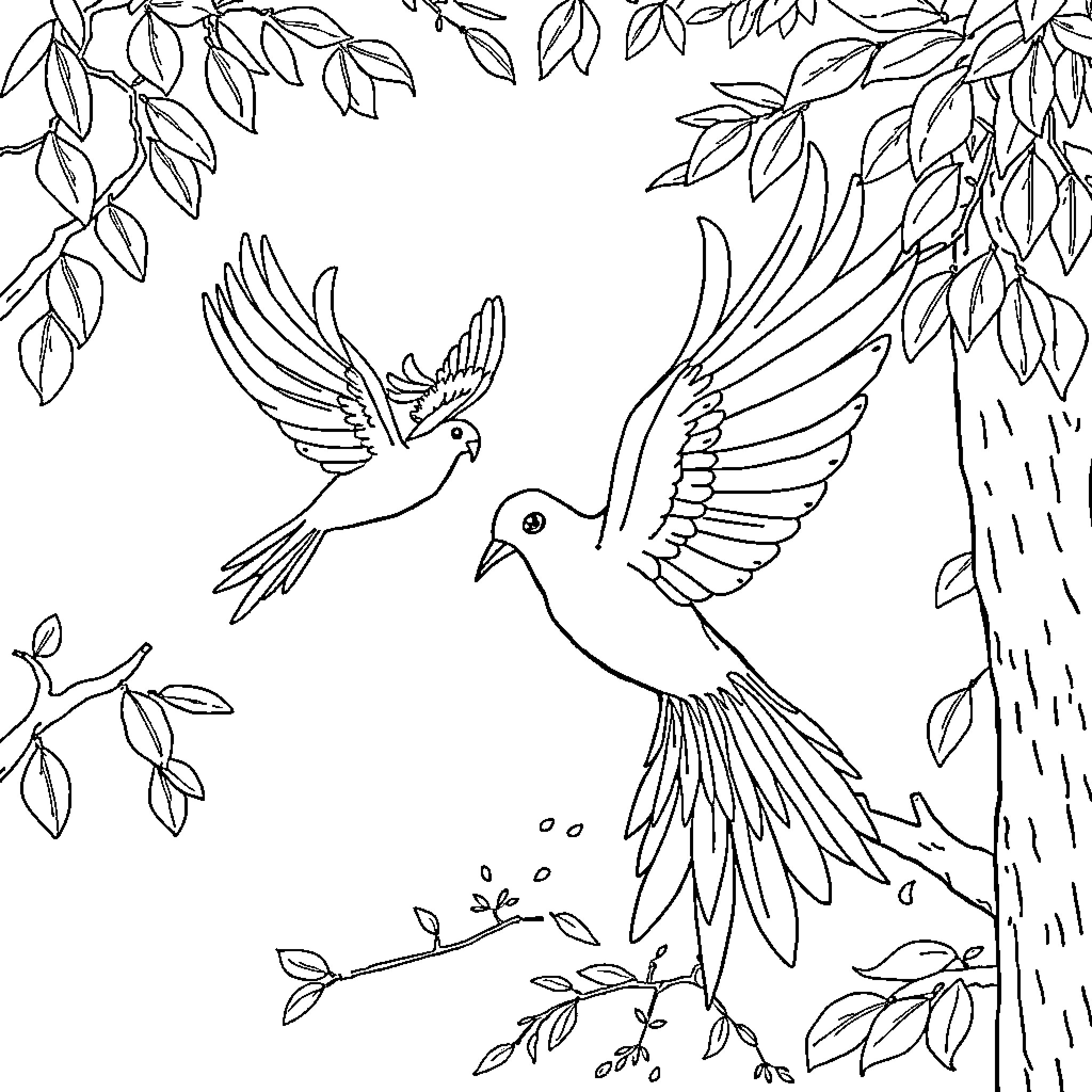 Birds soaring gracefully among the leaves Coloring Page (free black-and-white line drawing printable PDF for all, from beginners to advanced learners, including children, teens, adults, and seniors)