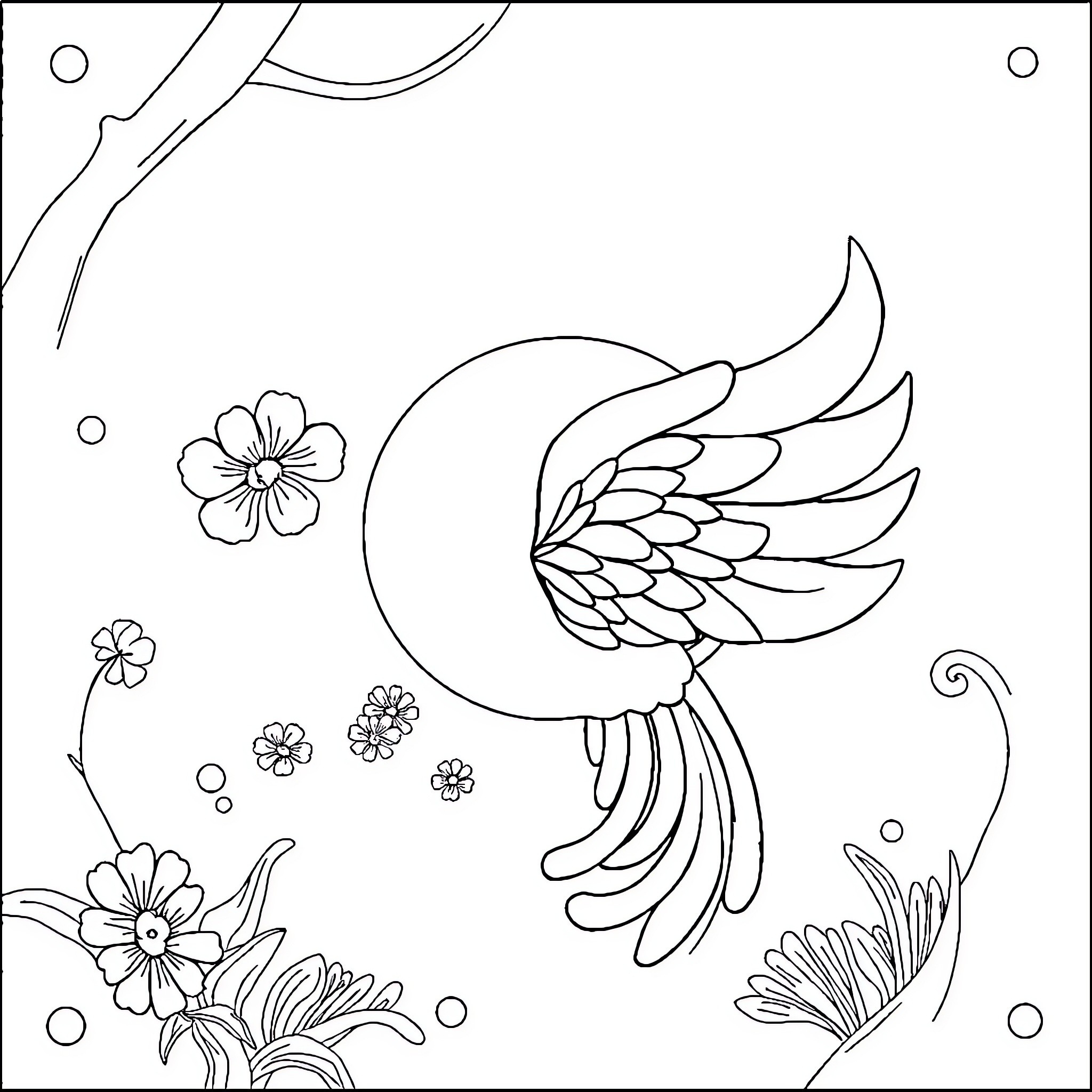 लड़की के प्रकृति प्रेमी चित्र में पक्षी और फूल Coloring Page (free black-and-white line drawing printable PDF for all, from beginners to advanced learners, including children, teens, adults, and seniors)