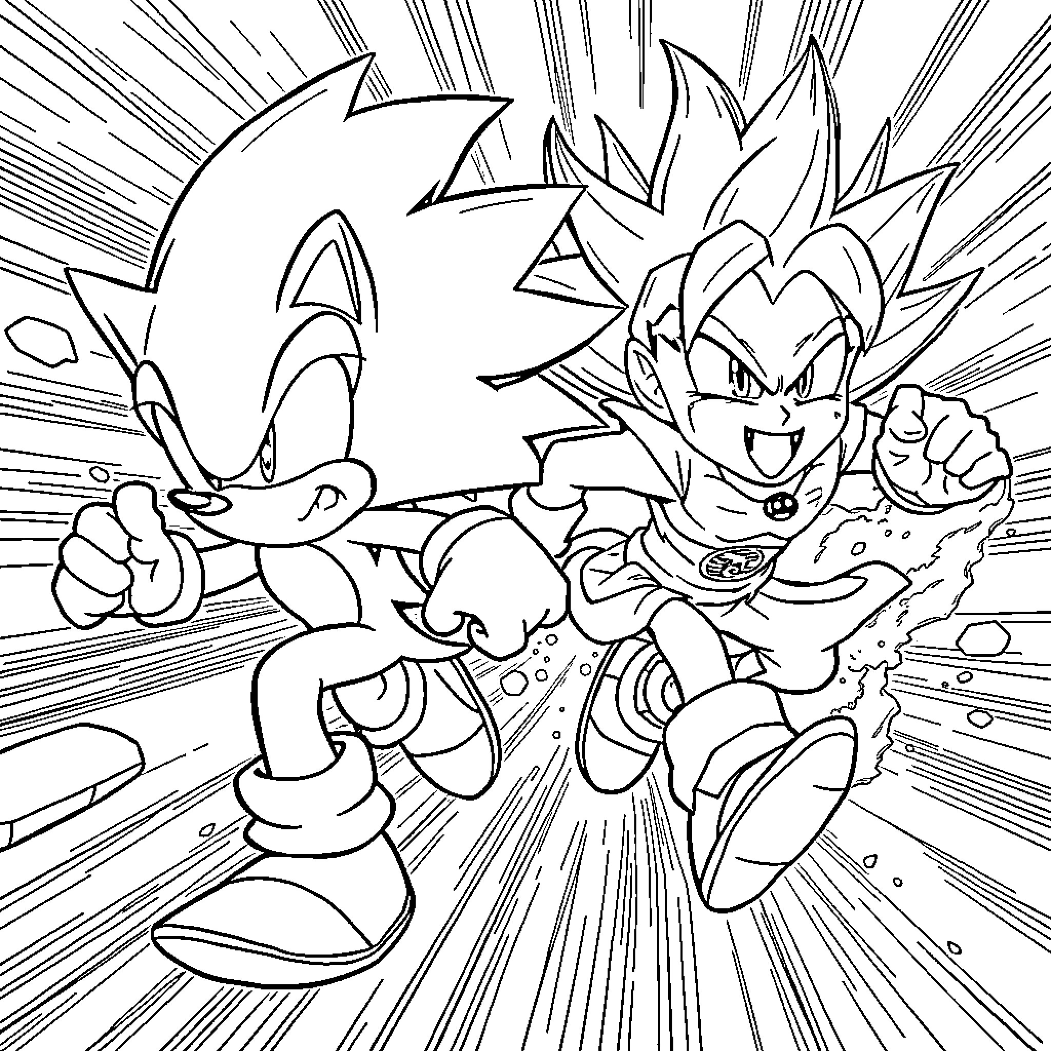 Sonic and Goku in Dynamic Battle Stance Coloring Page (free black-and-white line drawing printable PDF for all, from beginners to advanced learners, including children, teens, adults, and seniors)