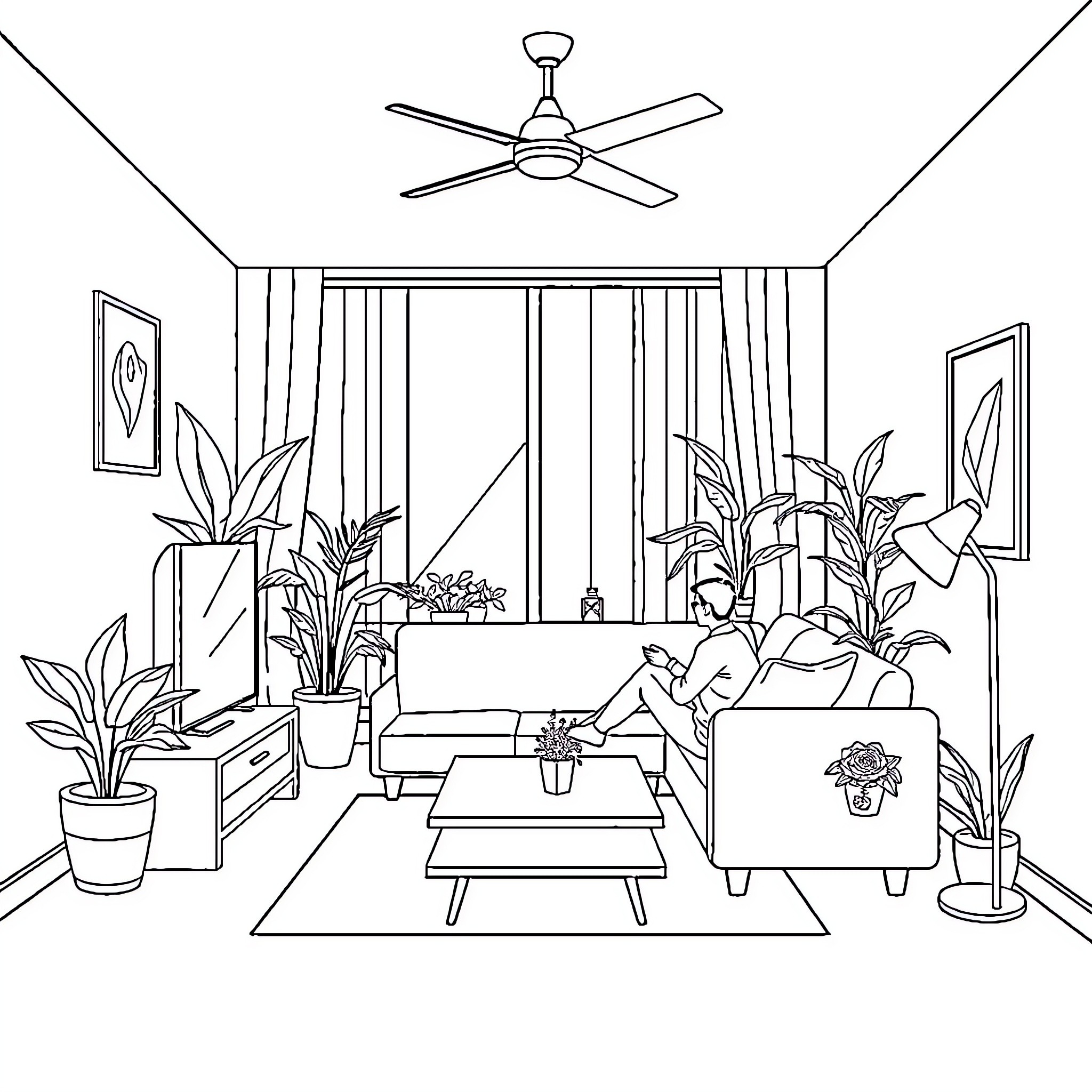 Living Room with Relaxing Occupants Coloring Page (free black-and-white line drawing printable PDF for all, from beginners to advanced learners, including children, teens, adults, and seniors)