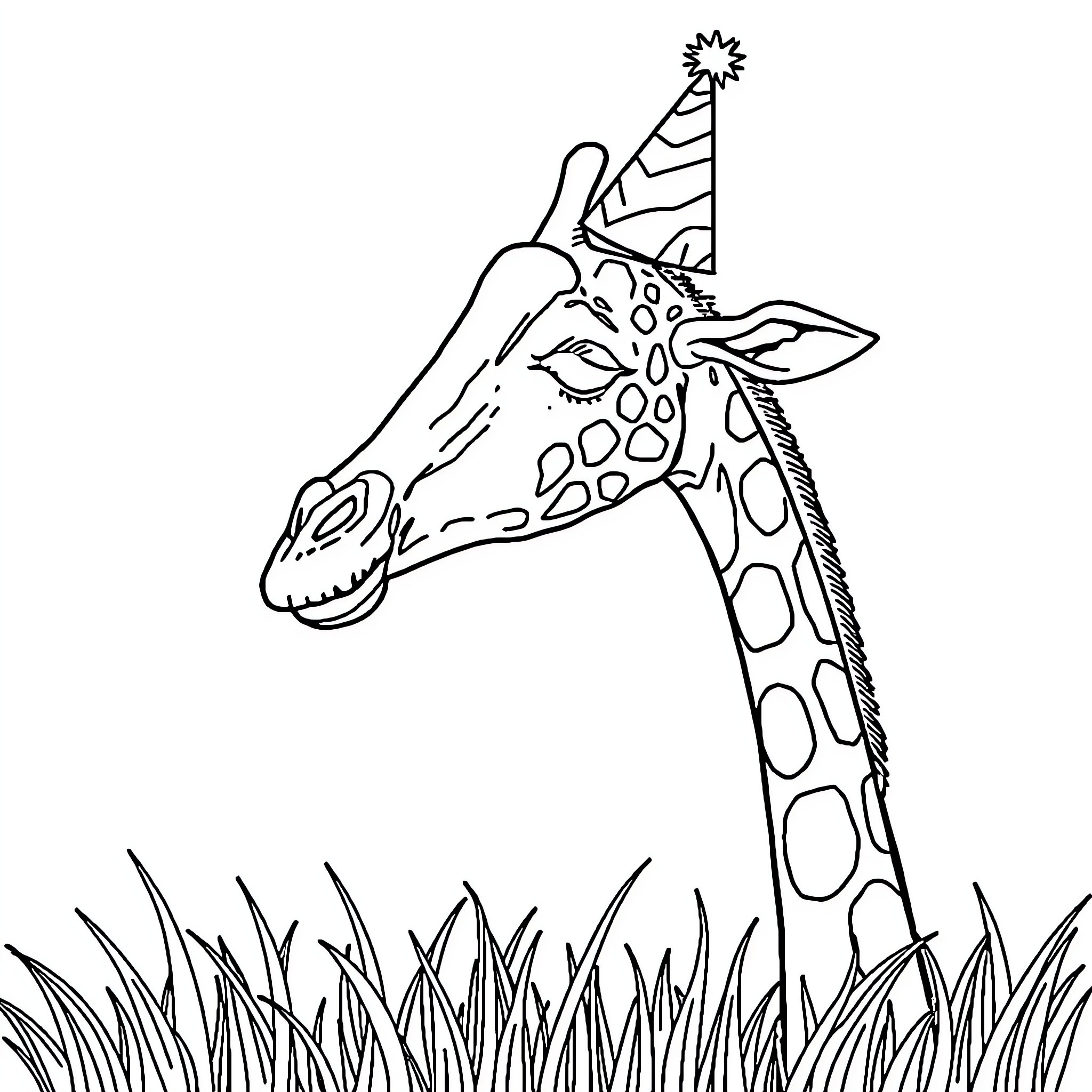 Giraffe wearing party hat in the wild Coloring Page (free black-and-white line drawing printable PDF for all, from beginners to advanced learners, including children, teens, adults, and seniors)