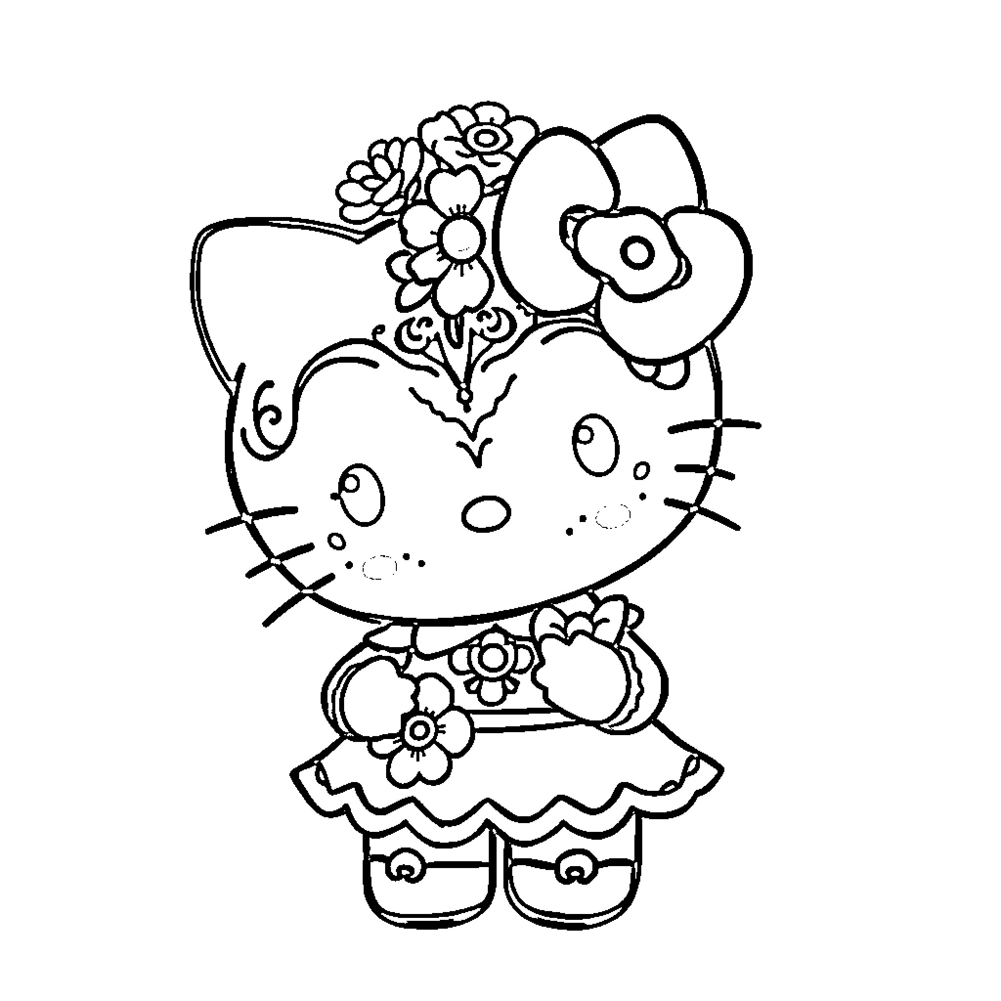Hello Kitty with Floral Headpiece Coloring Page (free black-and-white line drawing printable PDF for all, from beginners to advanced learners, including children, teens, adults, and seniors)
