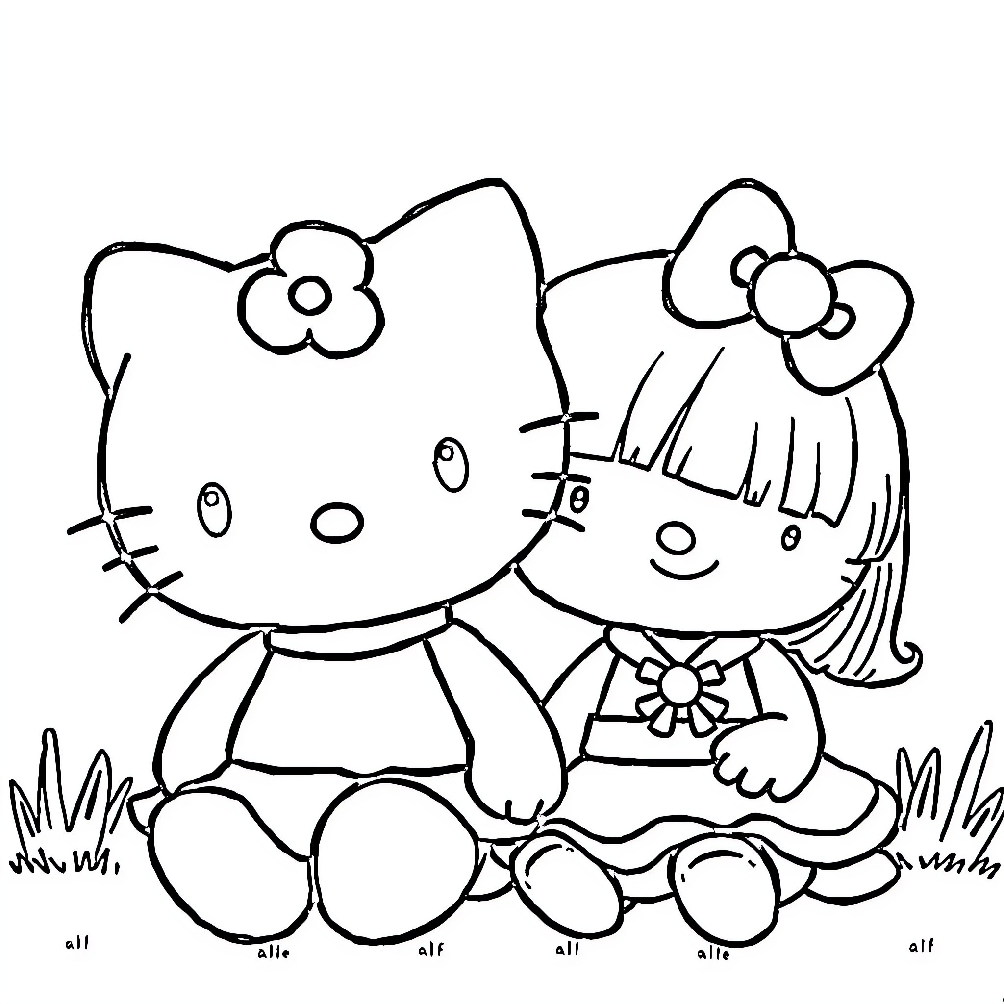 Hello Kitty and friend playing together Coloring Page (free black-and-white line drawing printable PDF for all, from beginners to advanced learners, including children, teens, adults, and seniors)