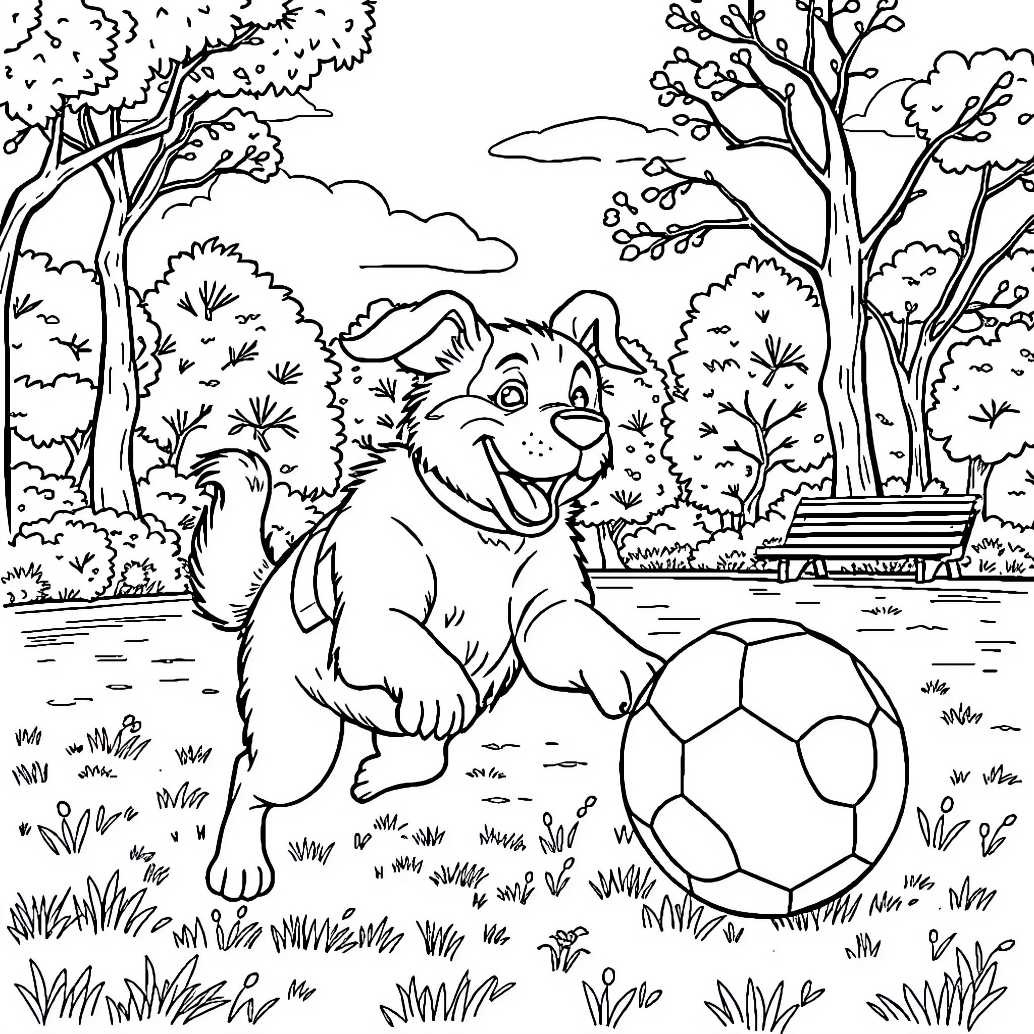 Dog playing with soccer ball in park Coloring Page (free black-and-white line drawing printable PDF for all, from beginners to advanced learners, including children, teens, adults, and seniors)
