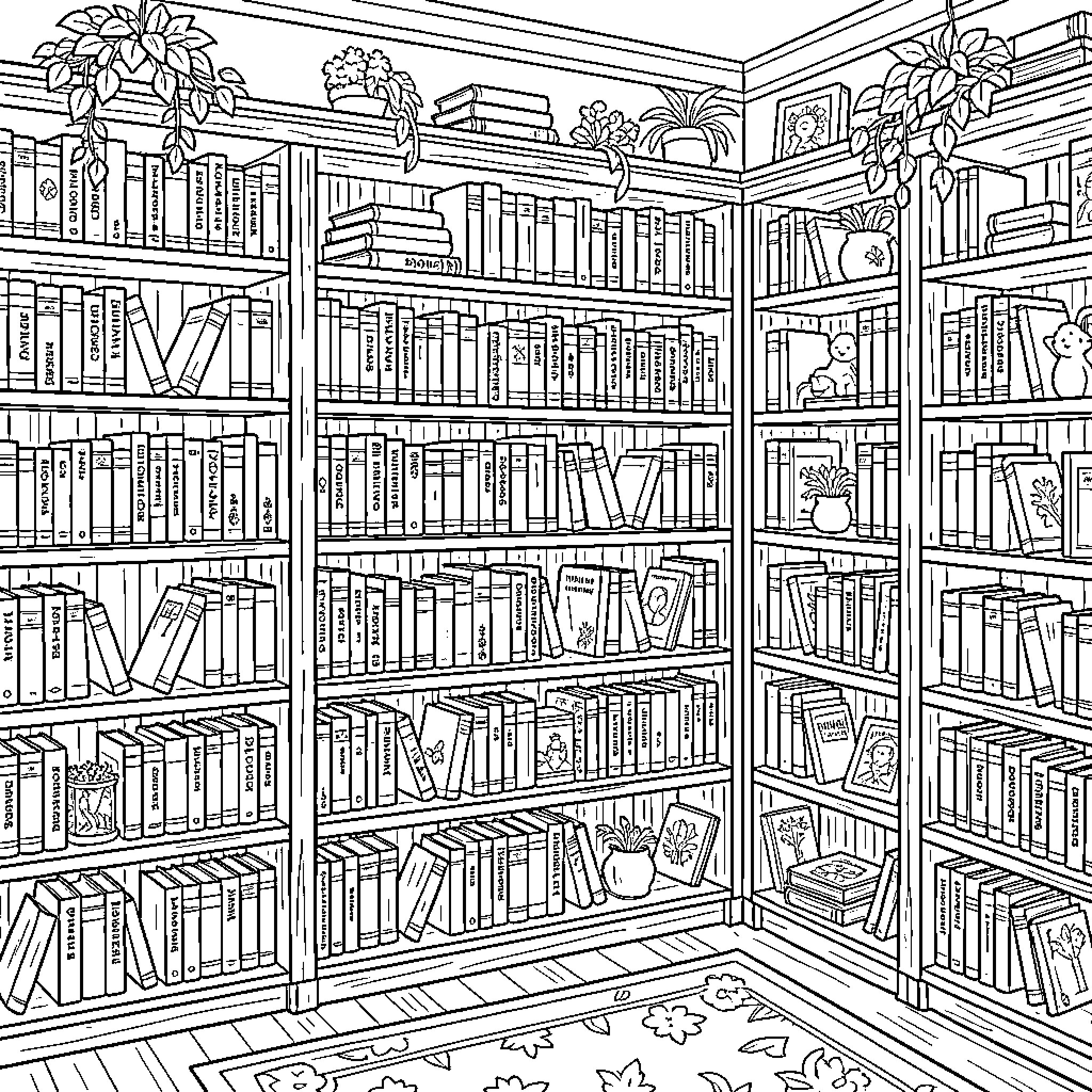 Book-filled Shelves in Cozy Library Setting Coloring Page (free black-and-white line drawing printable PDF for all, from beginners to advanced learners, including children, teens, adults, and seniors)