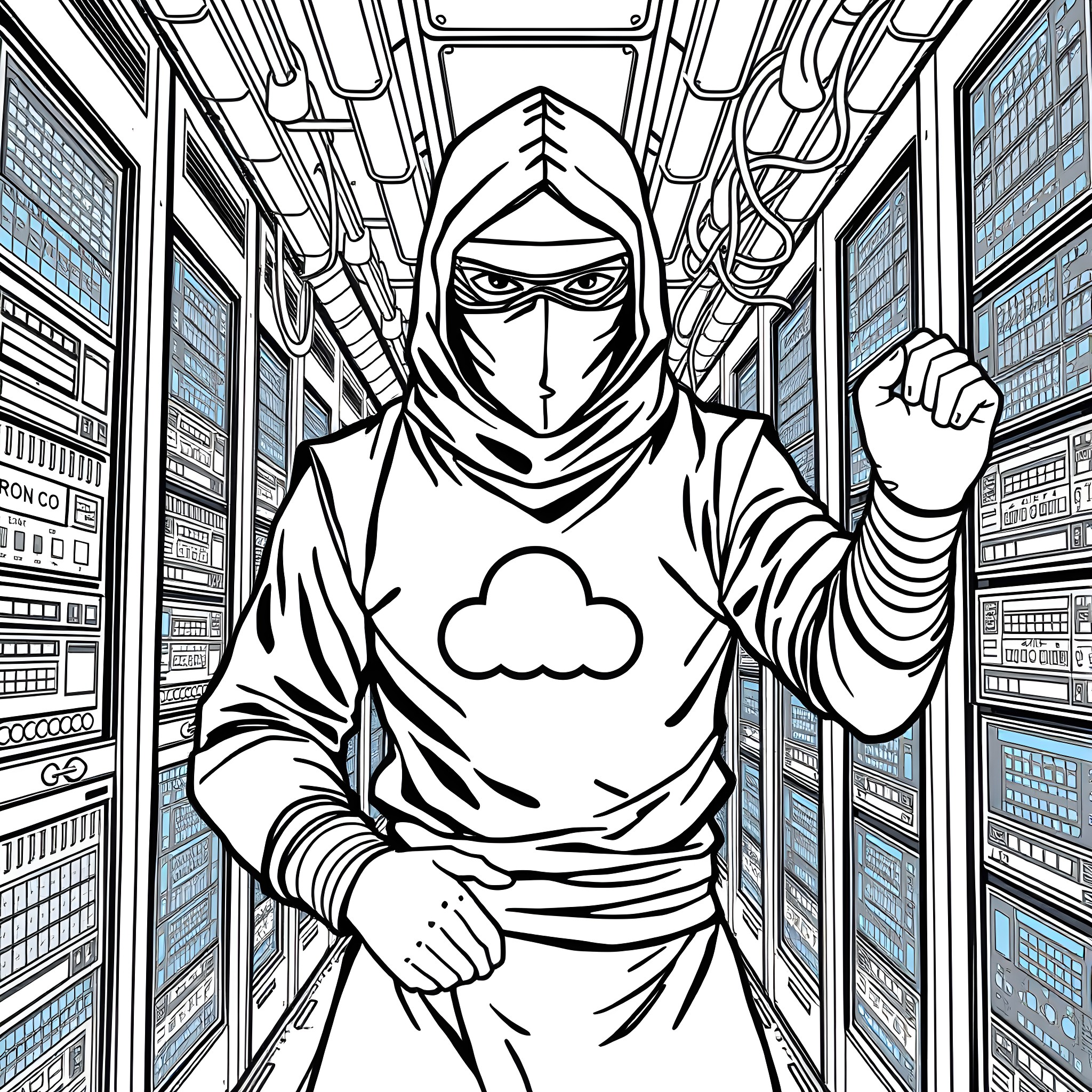 Ninja in a high-tech cyberpunk environment Coloring Page (free black-and-white line drawing printable PDF for all, from beginners to advanced learners, including children, teens, adults, and seniors)