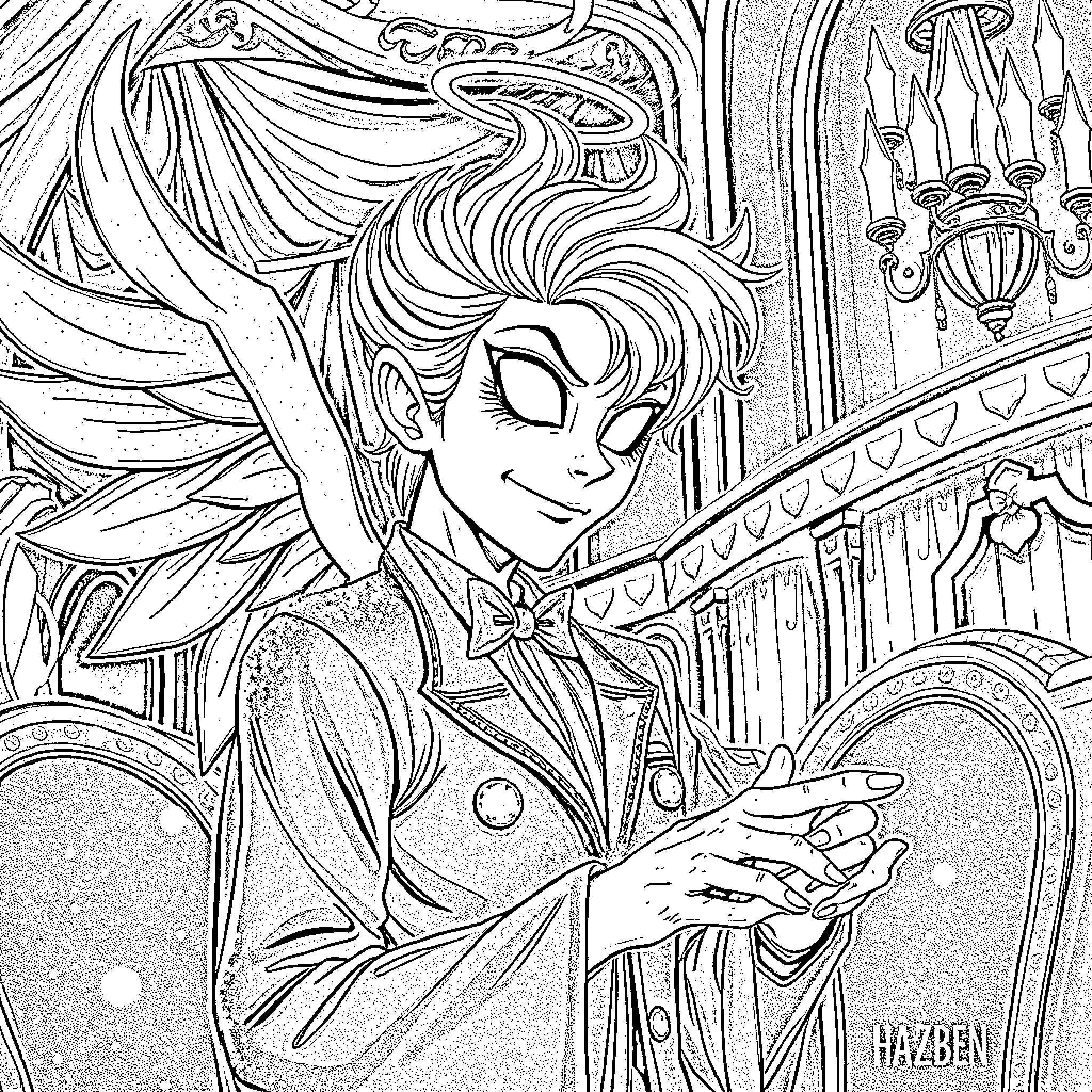 Alastor's Enchanting Performance Coloring Page (free black-and-white line drawing printable PDF for all, from beginners to advanced learners, including children, teens, adults, and seniors)