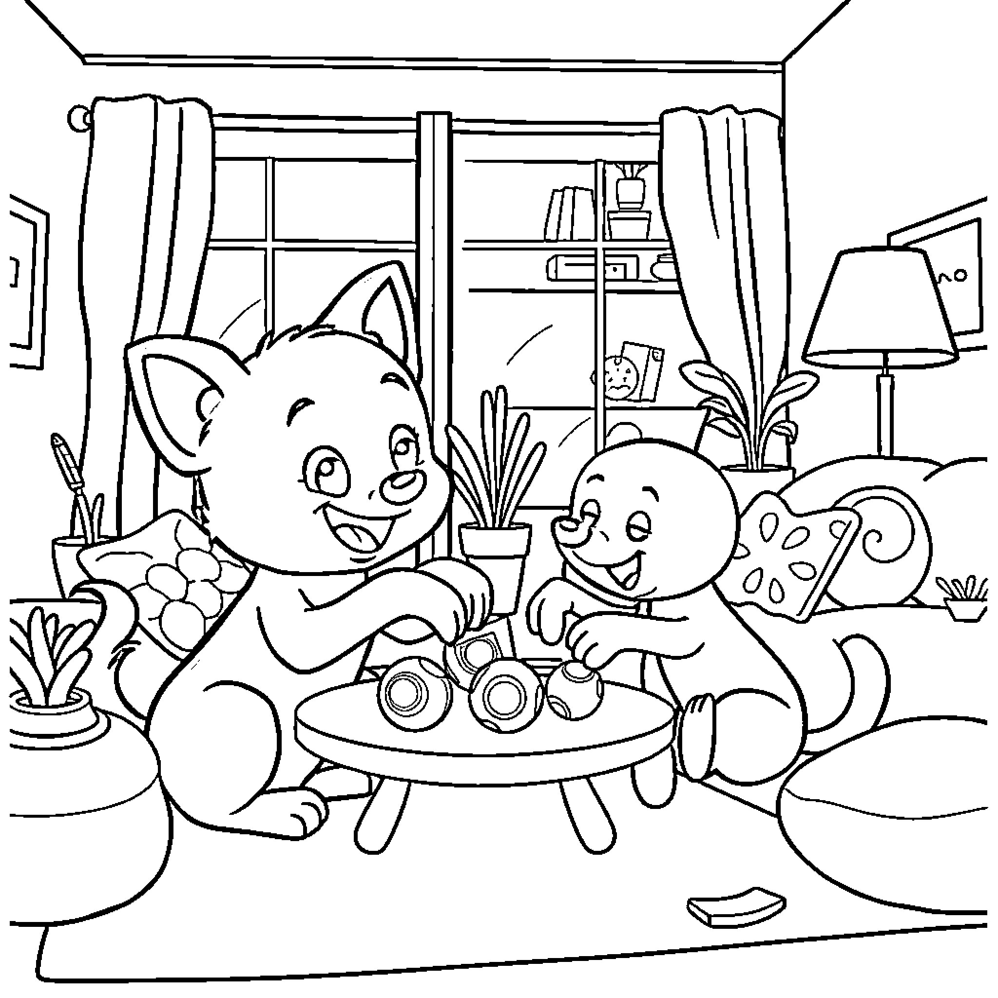 Bluey and Friends Enjoying a Cozy Indoor Playdate Coloring Page (free black-and-white line drawing printable PDF for all, from beginners to advanced learners, including children, teens, adults, and seniors)