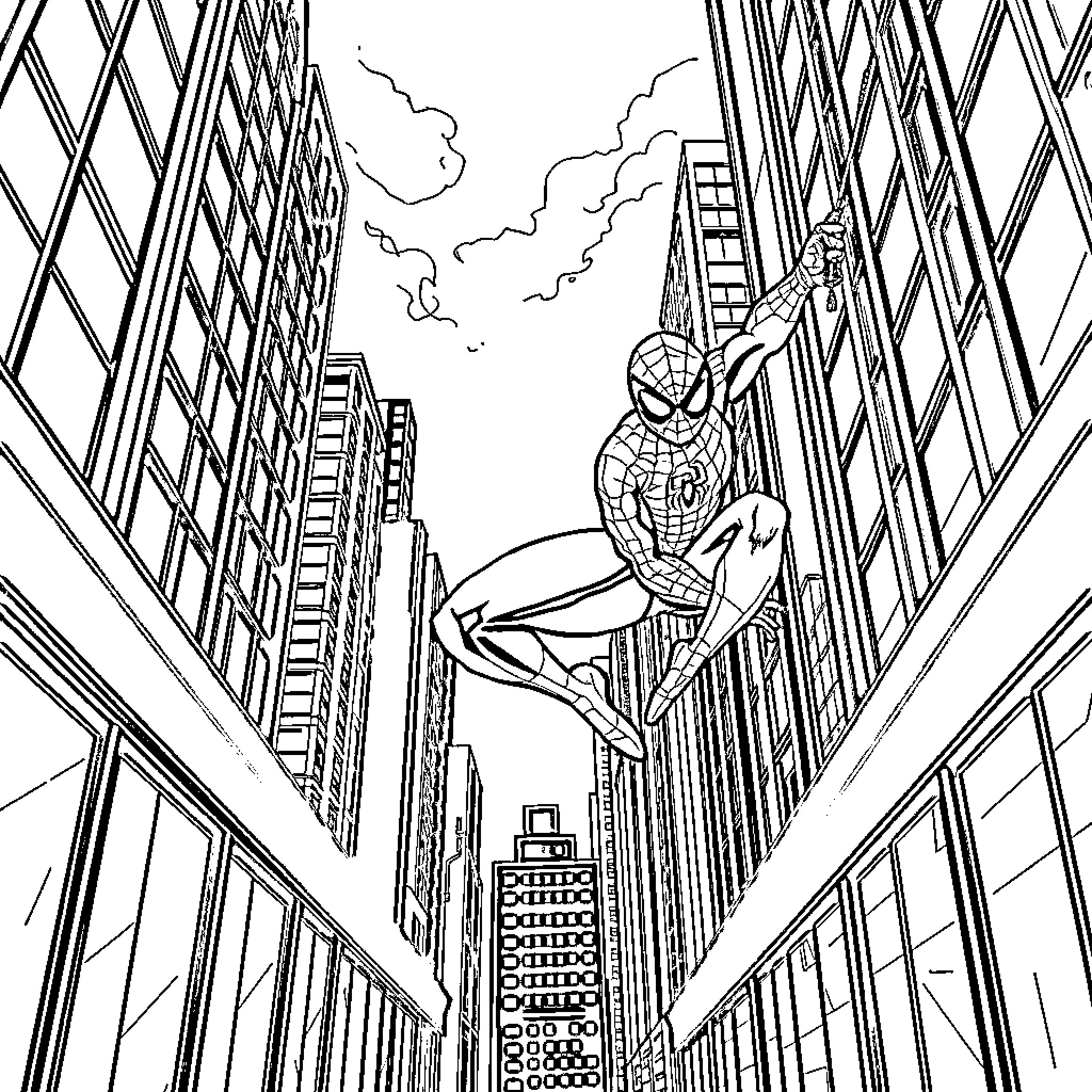 Spiderman swinging through the city skyline Coloring Page (free black-and-white line drawing printable PDF for all, from beginners to advanced learners, including children, teens, adults, and seniors)