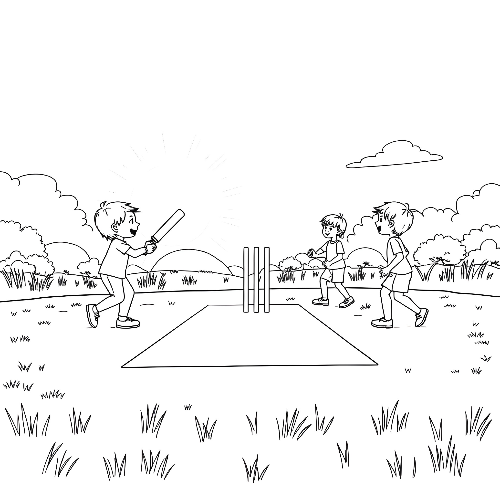 Kid playing cricket on the field Coloring Page (free black-and-white line drawing printable PDF for all, from beginners to advanced learners, including children, teens, adults, and seniors)