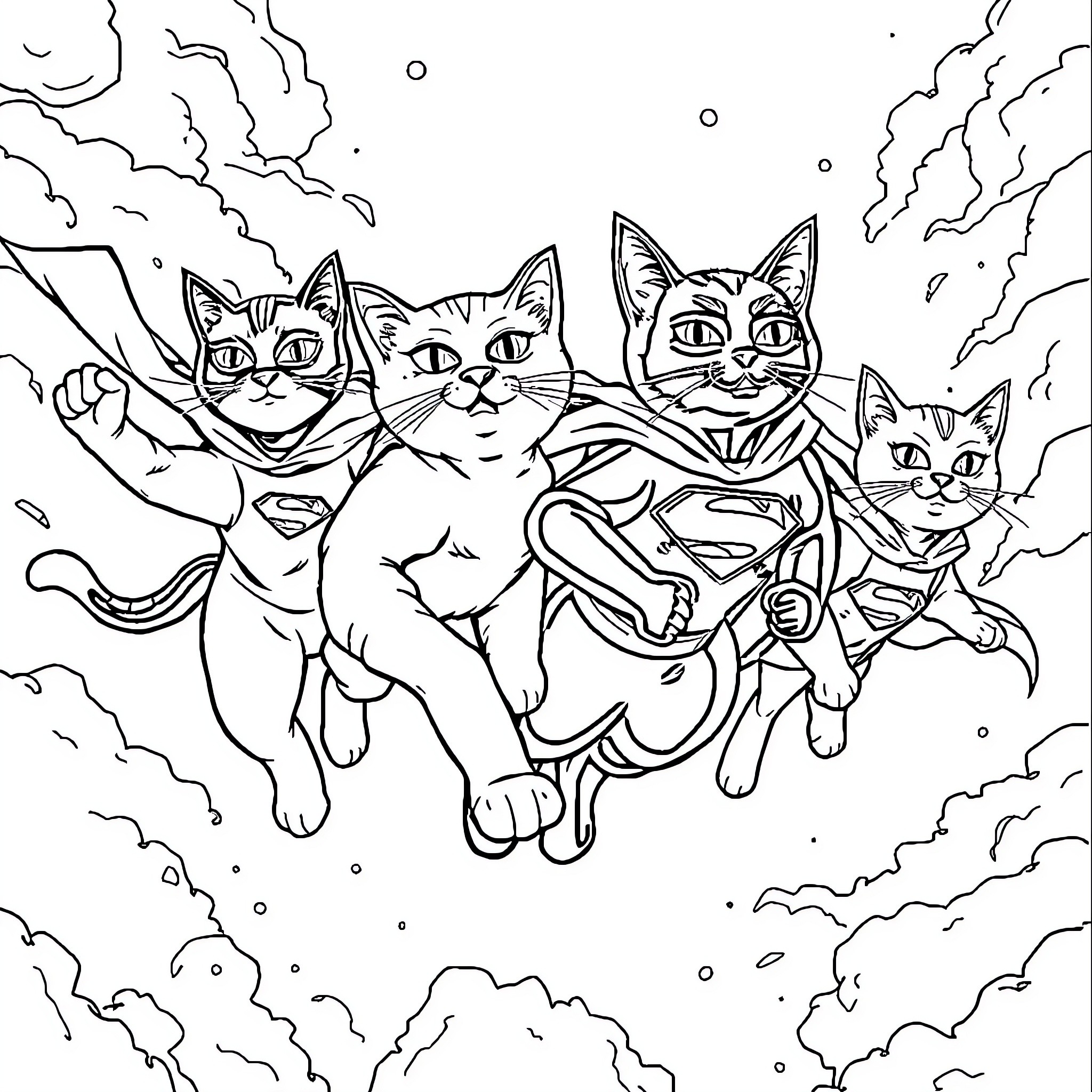 Cat superheroes flying in the sky Coloring Page (free black-and-white line drawing printable PDF for all, from beginners to advanced learners, including children, teens, adults, and seniors)
