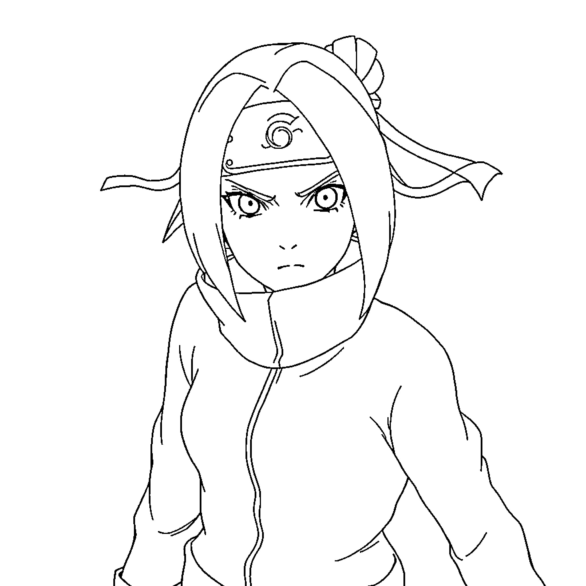 Sakura Ninja in Contemplative Pose Coloring Page (free black-and-white line drawing printable PDF for all, from beginners to advanced learners, including children, teens, adults, and seniors)