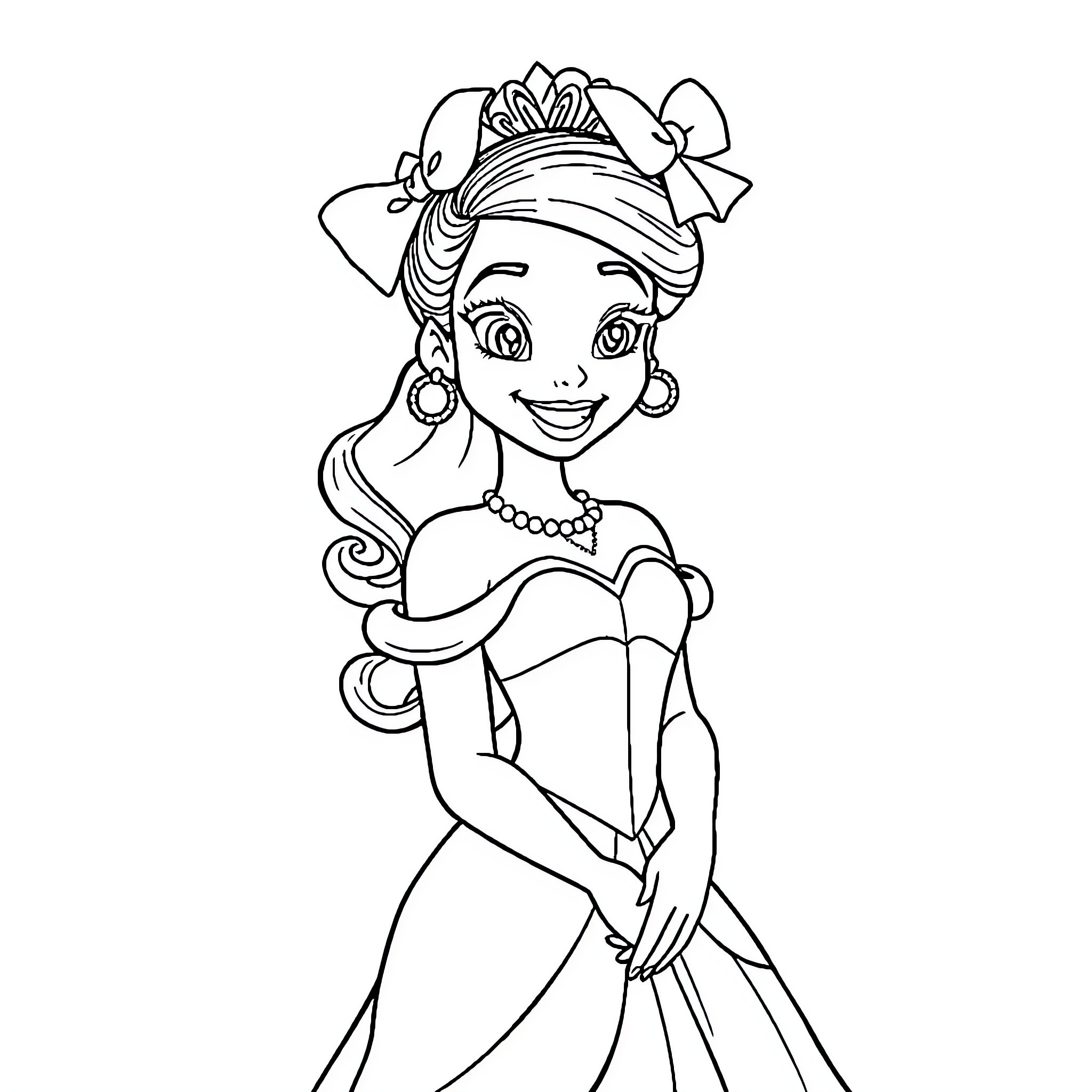 Princess Tiana enjoying a royal ball in her beautiful gown Coloring Page (free black-and-white line drawing printable PDF for all, from beginners to advanced learners, including children, teens, adults, and seniors)