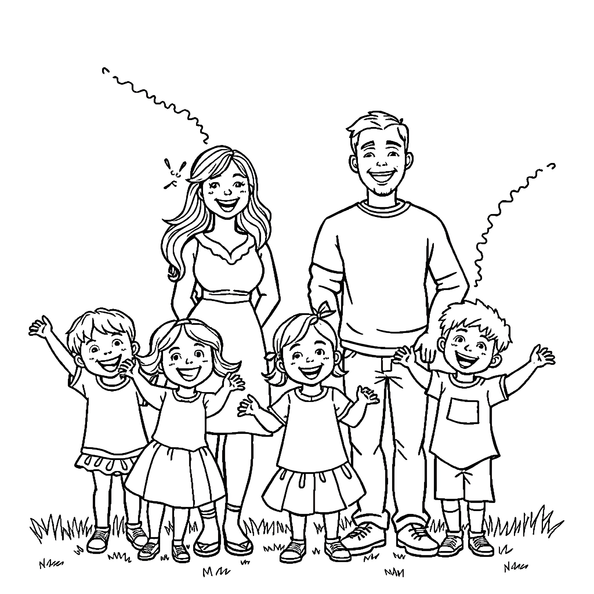 Family enjoying a sunny day together Coloring Page (free black-and-white line drawing printable PDF for all, from beginners to advanced learners, including children, teens, adults, and seniors)