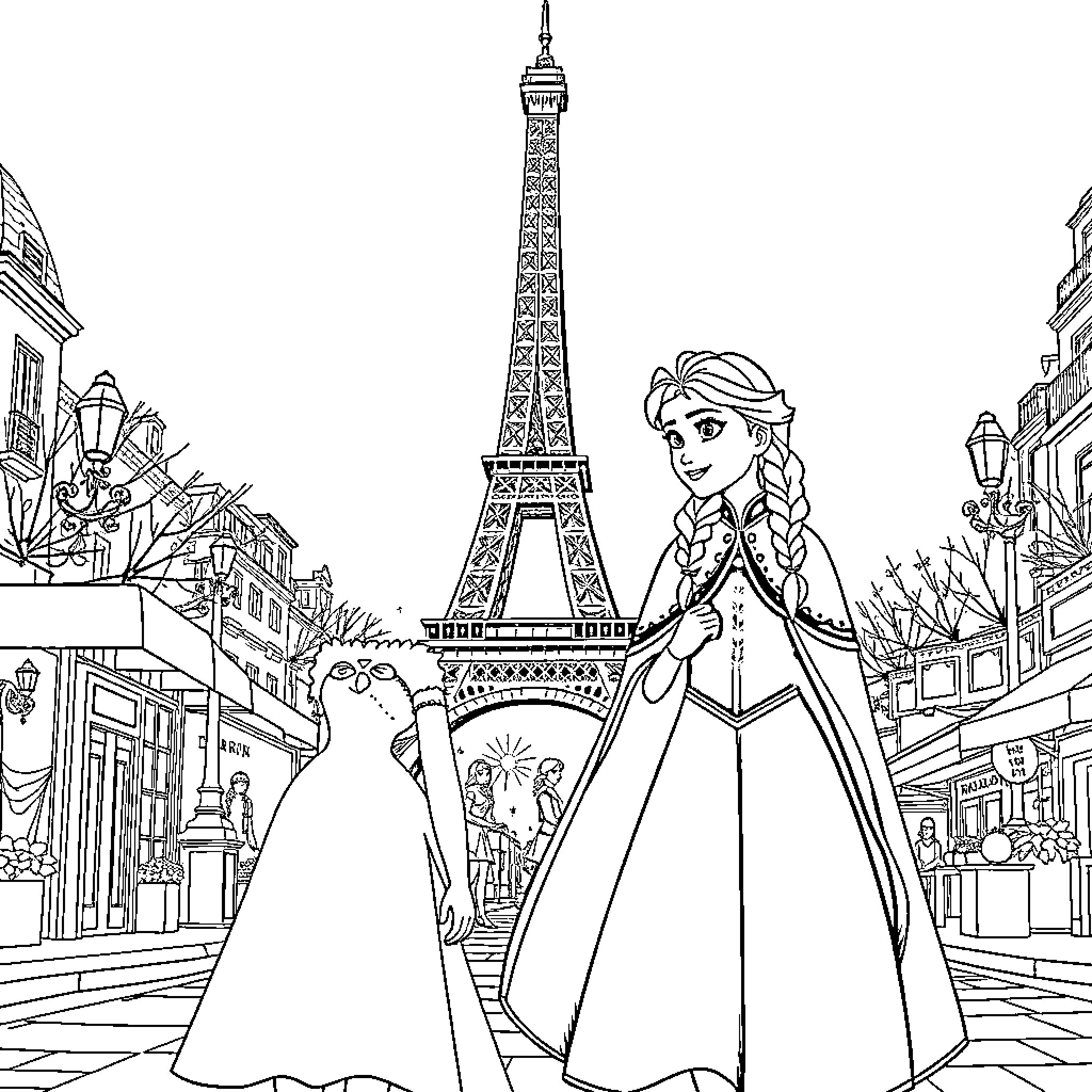Anna and Elsa's Magical Adventure in Paris Coloring Page (free black-and-white line drawing printable PDF for all, from beginners to advanced learners, including children, teens, adults, and seniors)