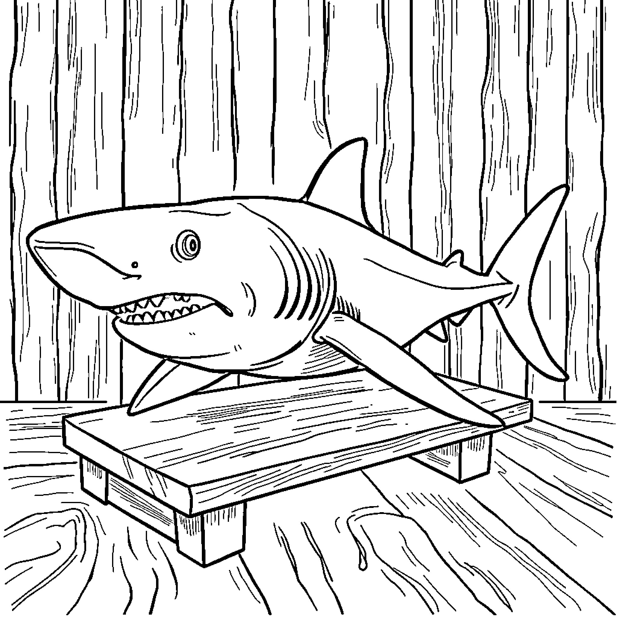 Shark jumping out of wooden platform Coloring Page (free black-and-white line drawing printable PDF for all, from beginners to advanced learners, including children, teens, adults, and seniors)