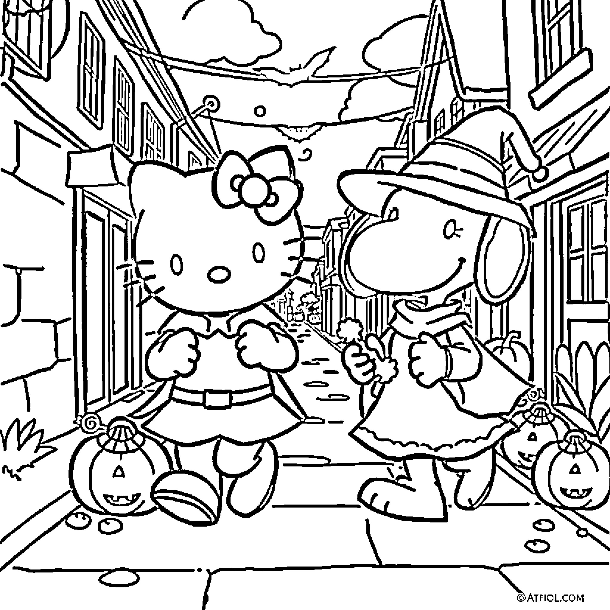 Hello Kitty and Friends on a Halloween Adventure Coloring Page (free black-and-white line drawing printable PDF for all, from beginners to advanced learners, including children, teens, adults, and seniors)