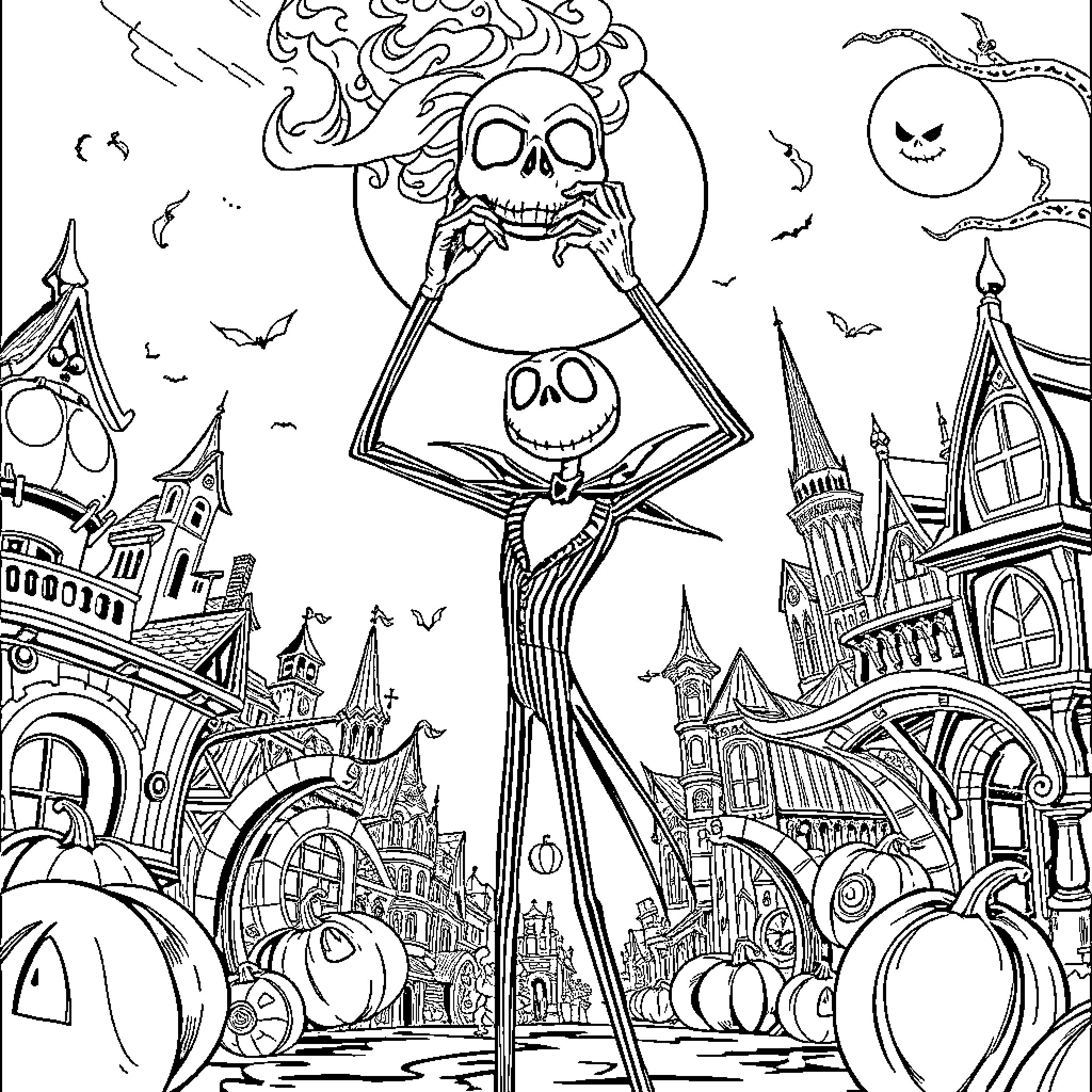 Jack Skellington leading a spooky Halloween parade Coloring Page (free black-and-white line drawing printable PDF for all, from beginners to advanced learners, including children, teens, adults, and seniors)