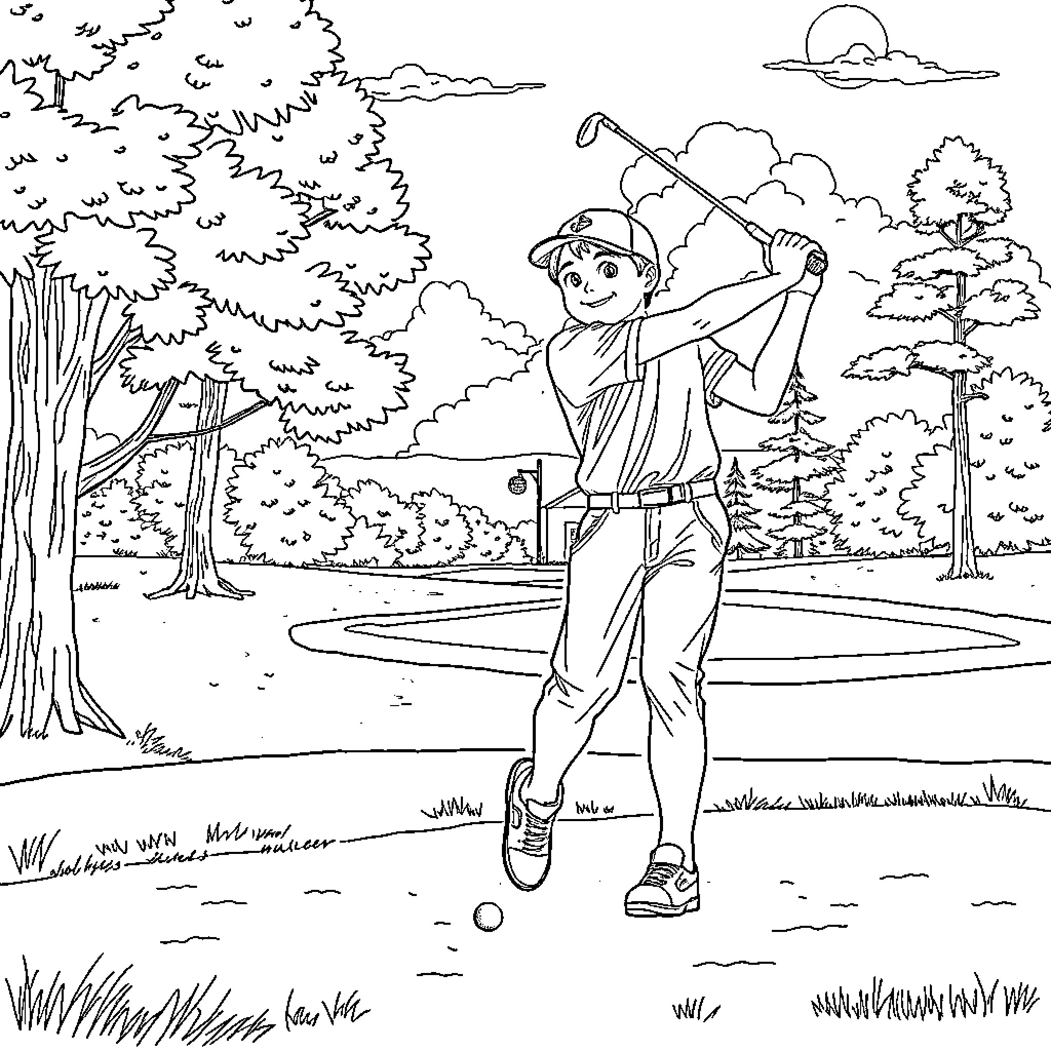 Boy playing golf in idyllic outdoor setting Coloring Page (free black-and-white line drawing printable PDF for all, from beginners to advanced learners, including children, teens, adults, and seniors)